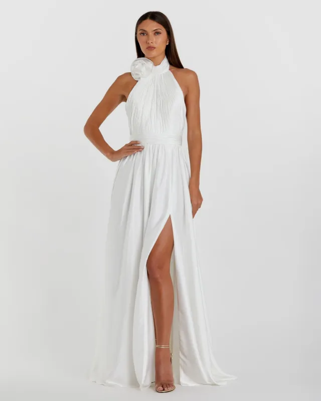 White Soft Tie Halter Neck High Slit Gown sold by Mac Duggal
