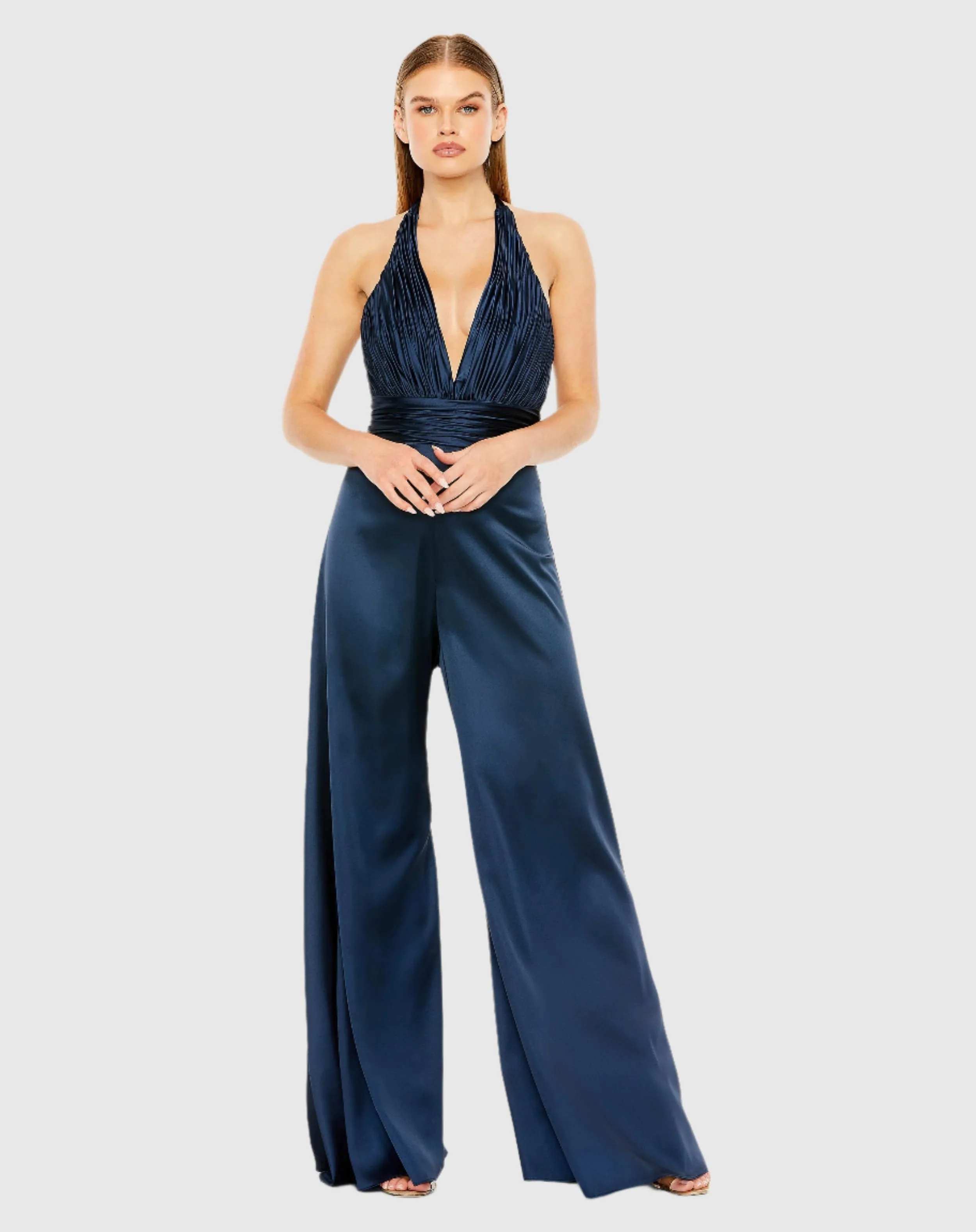 Ruched Halter Top Wide Leg Satin Jumpsuit sold by Mac Duggal