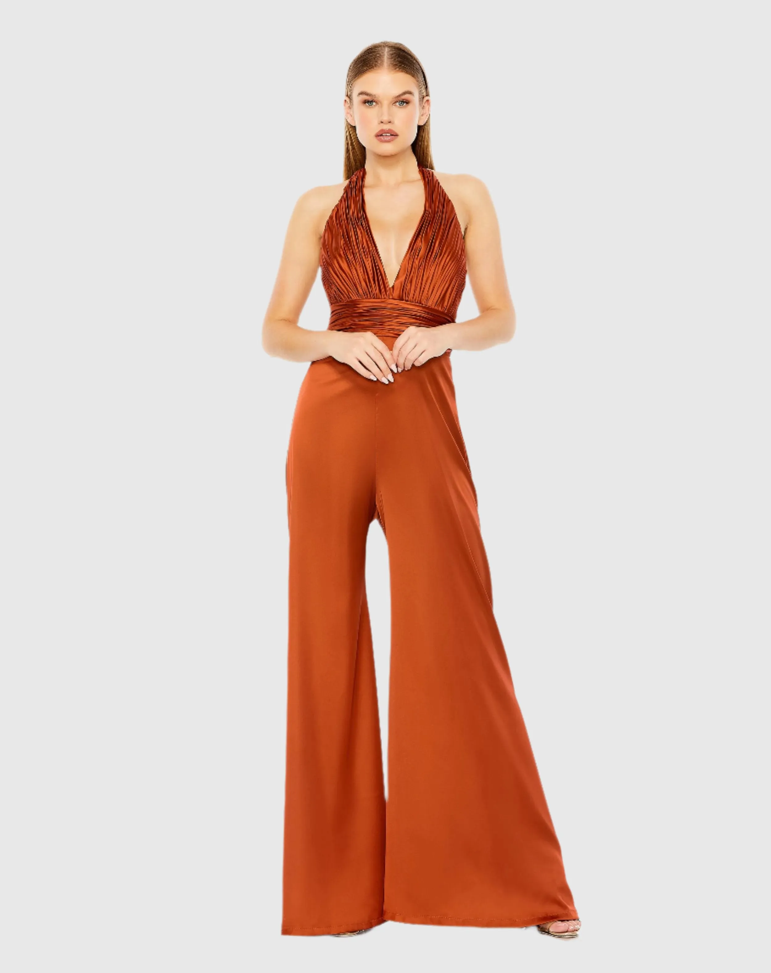 Ruched Halter Top Wide Leg Satin Jumpsuit sold by Mac Duggal product image thumbnail 2