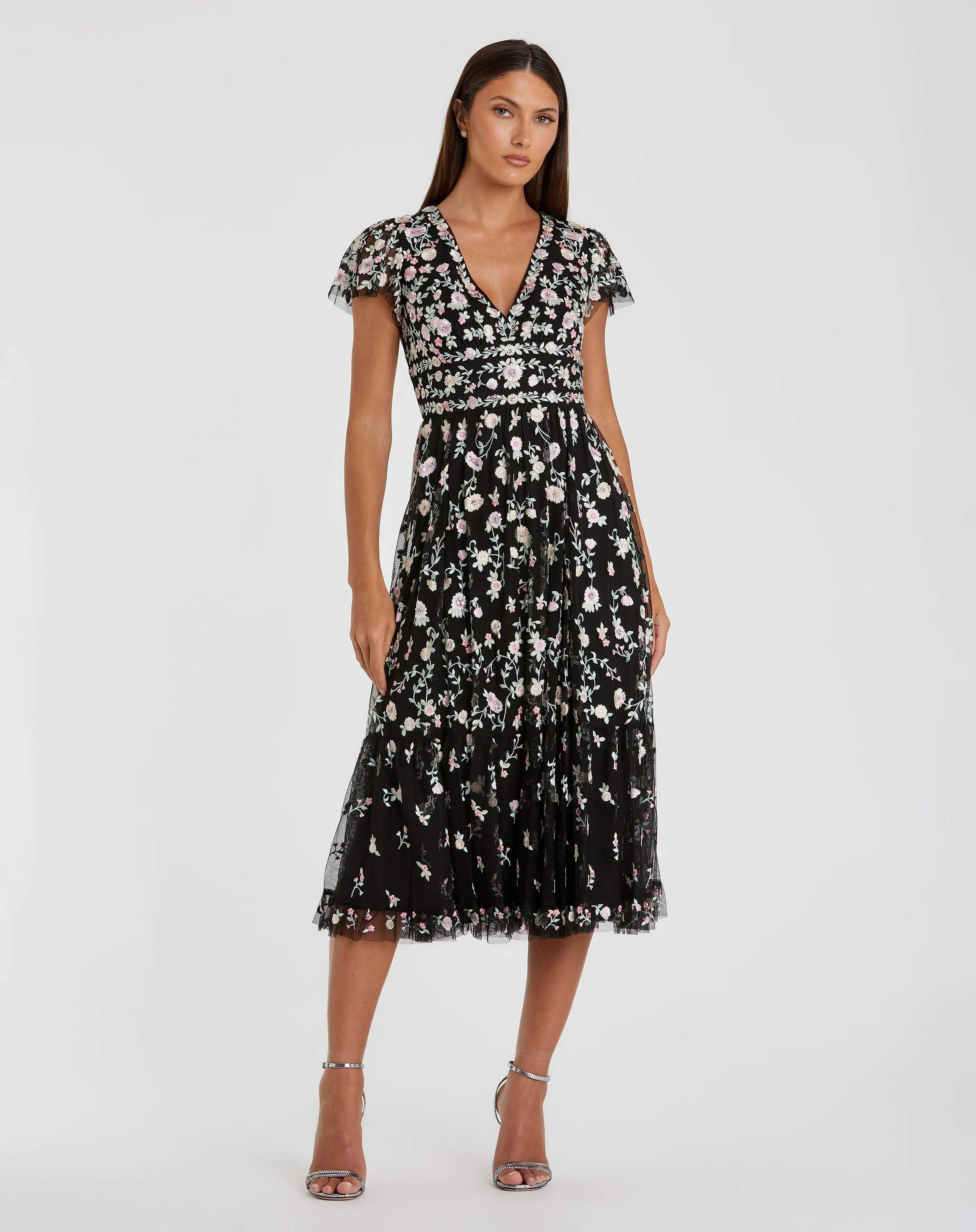 Black Multicolor Embroidered V Neck Cap Sleeve Midi Dress sold by Mac Duggal