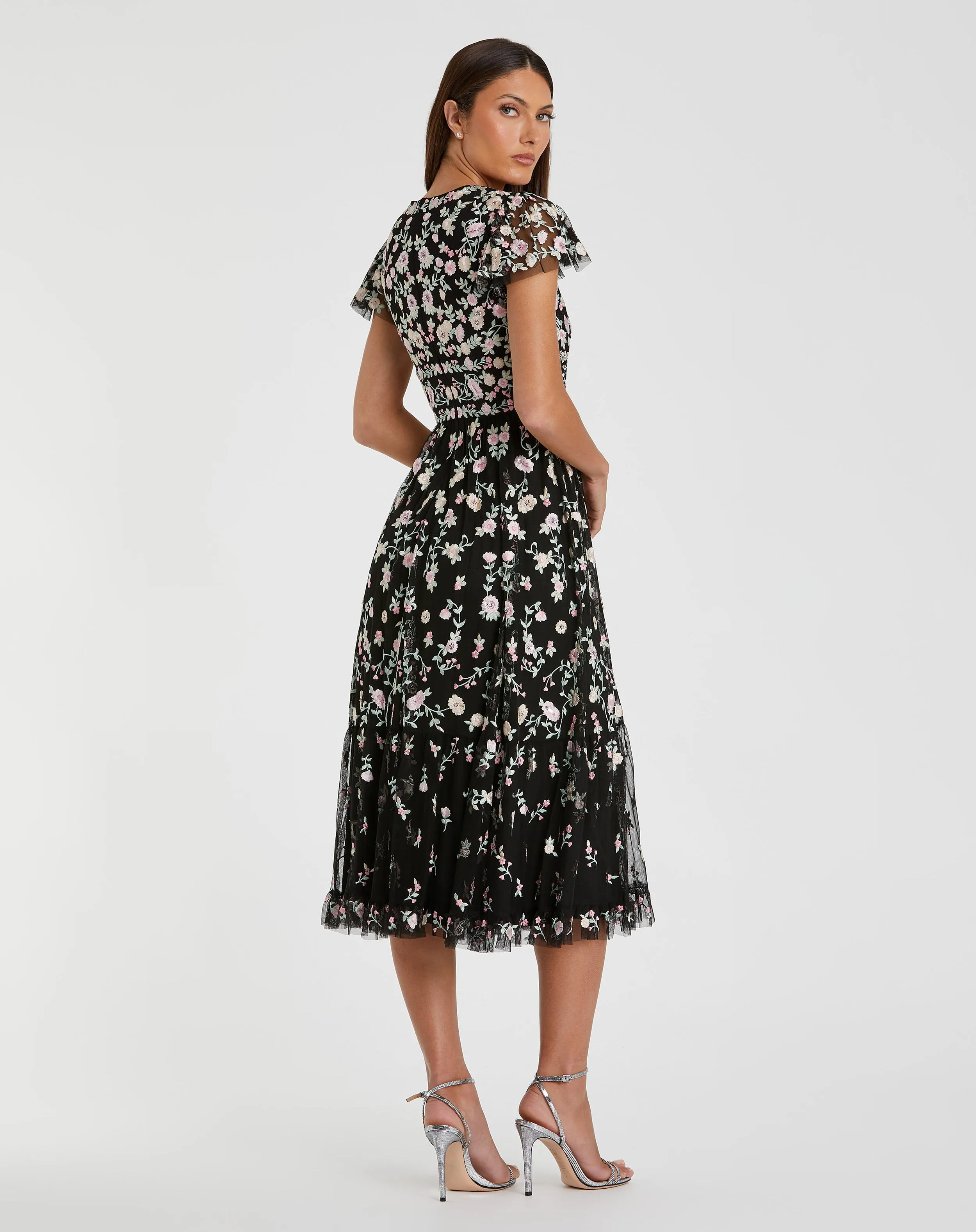 Black Multicolor Embroidered V Neck Cap Sleeve Midi Dress sold by Mac Duggal product image thumbnail 3