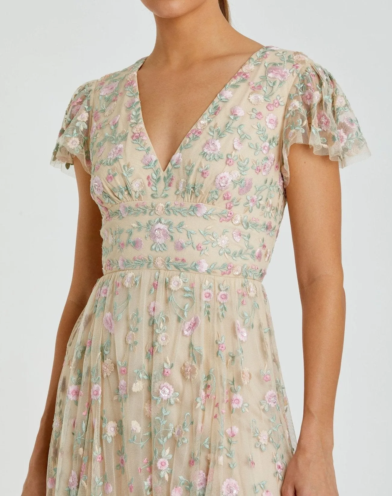 Beige Multicolor Embroidered V Neck Cap Sleeve Midi Dress - FINAL SALE sold by Mac Duggal product image thumbnail 2