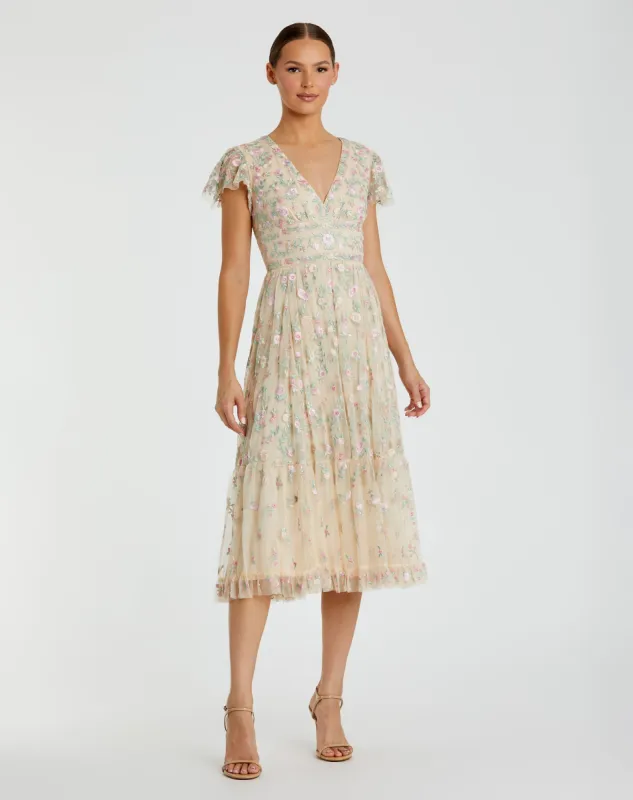 Beige Multicolor Embroidered V Neck Cap Sleeve Midi Dress sold by Mac Duggal