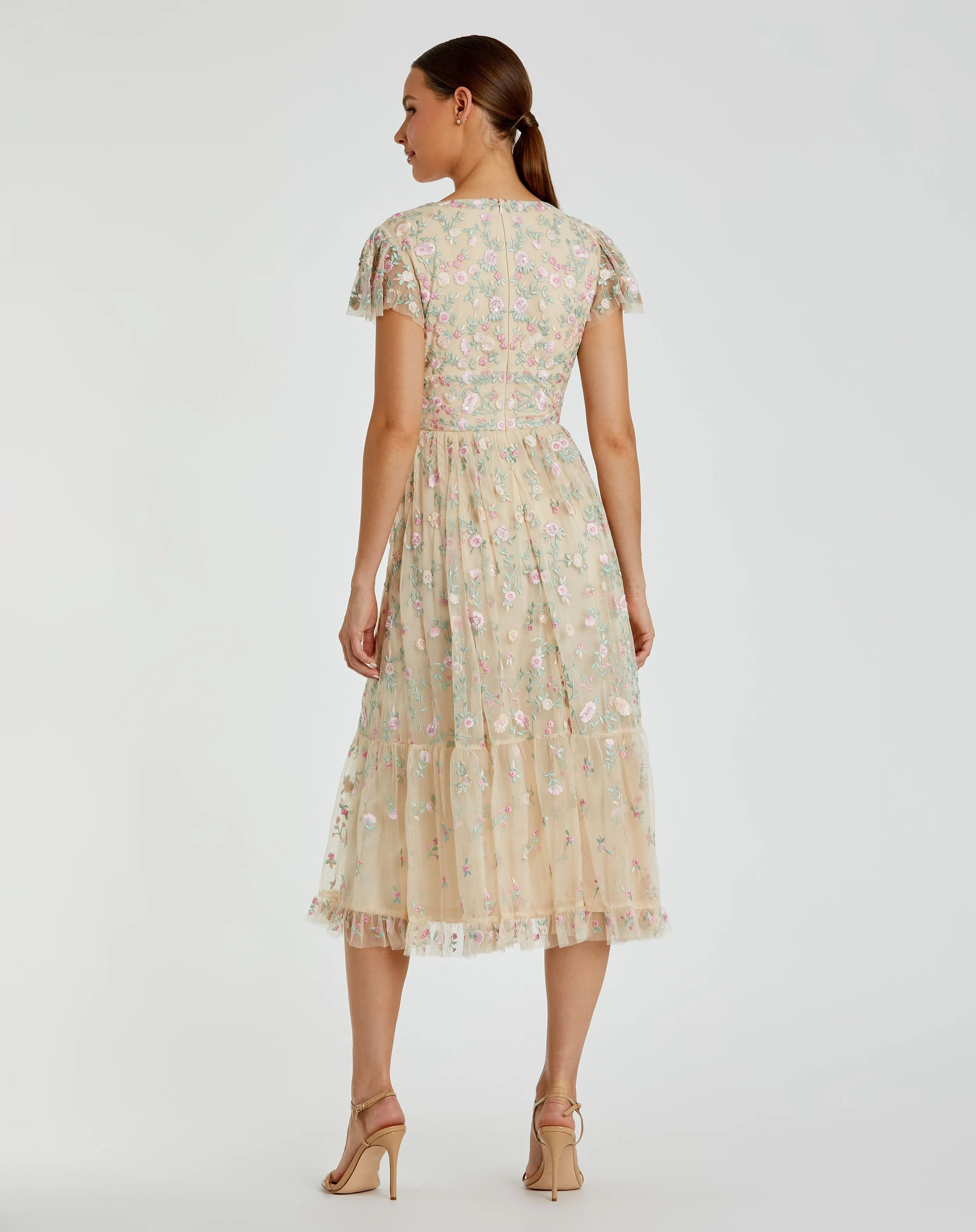 Beige Multicolor Embroidered V Neck Cap Sleeve Midi Dress - FINAL SALE sold by Mac Duggal product image thumbnail 3