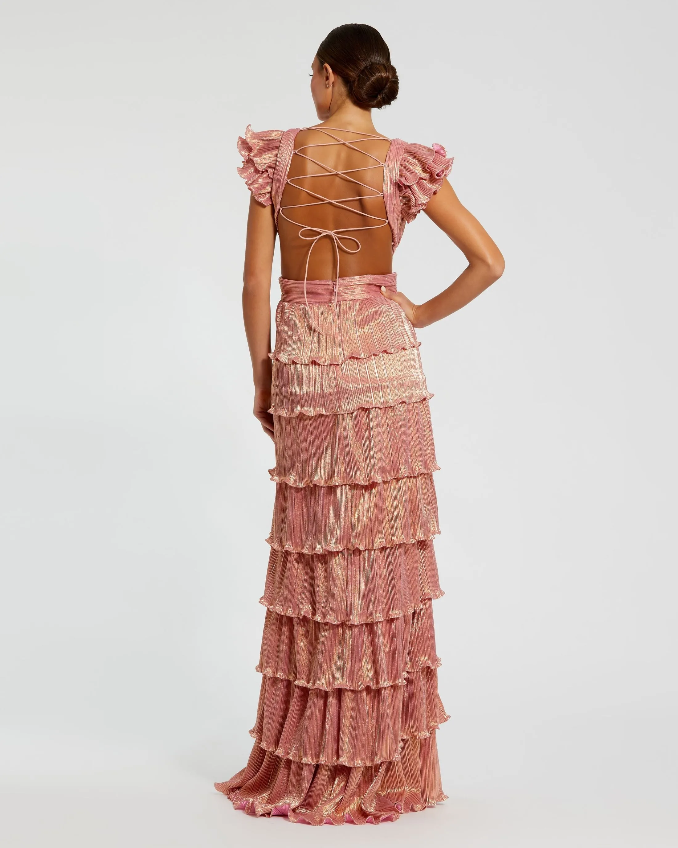 Pink Ruffle Tiered Criss Cross Lace Up Gown sold by Mac Duggal product image thumbnail 4