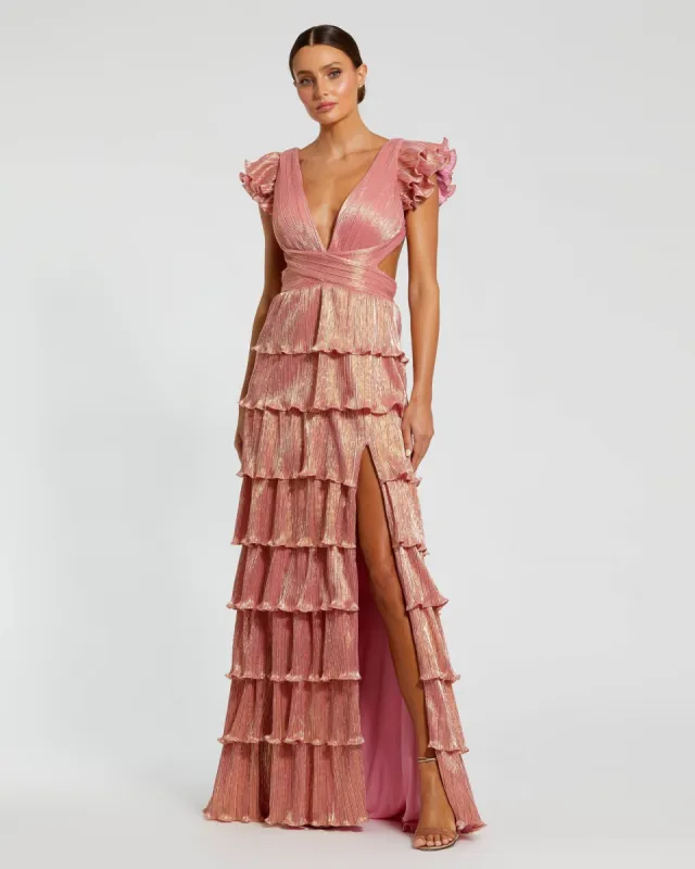 Pink Ruffle Tiered Criss Cross Lace Up Gown made by Mac Duggal