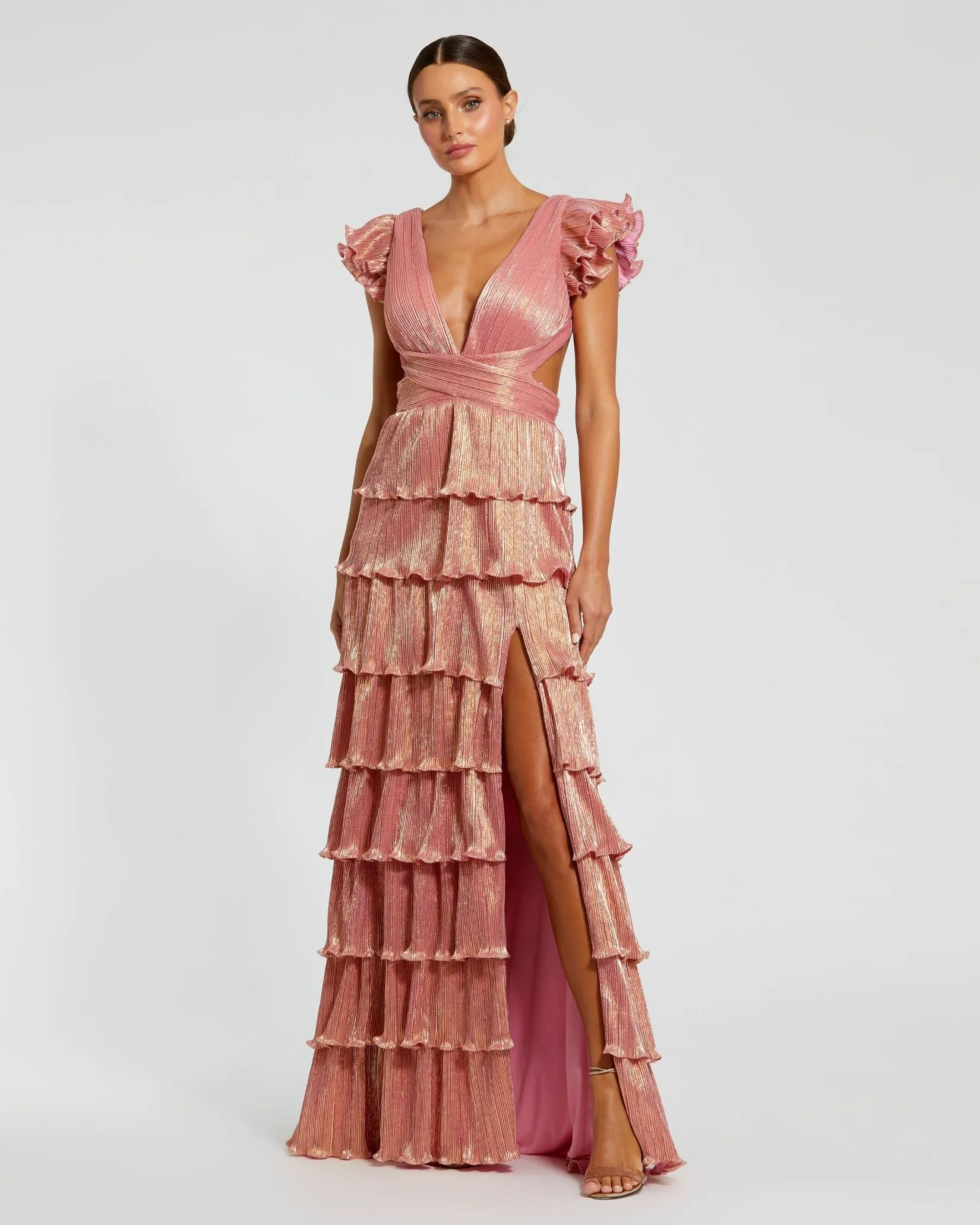 Pink Ruffle Tiered Criss Cross Lace Up Gown sold by Mac Duggal