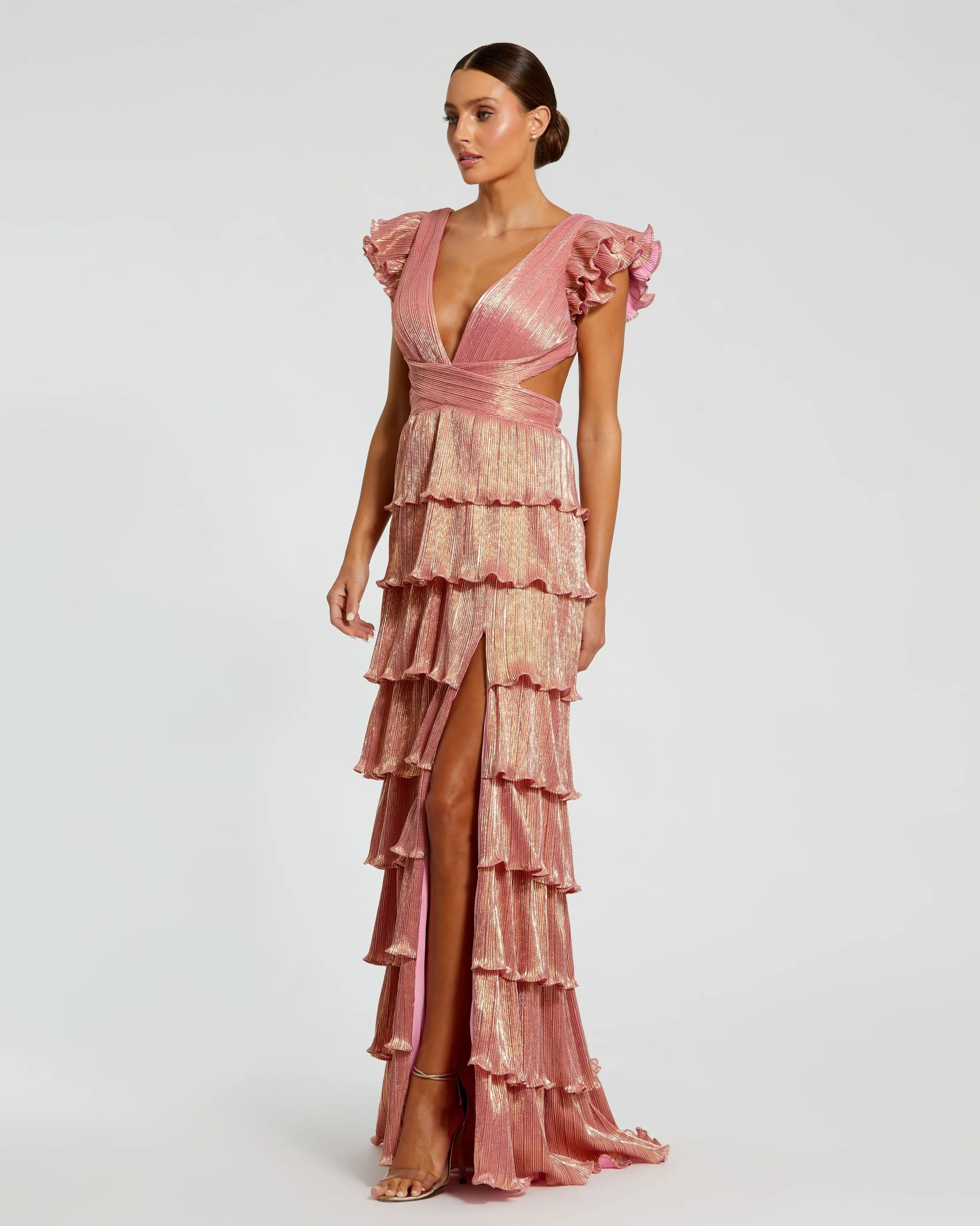 Pink Ruffle Tiered Criss Cross Lace Up Gown sold by Mac Duggal product image thumbnail 3