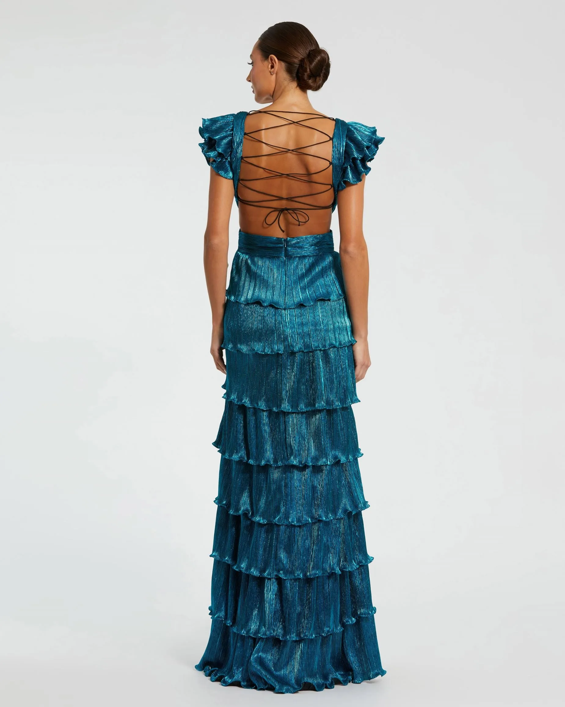 Blue Ruffle Tiered Criss Cross Lace Up Gown sold by Mac Duggal product image thumbnail 4