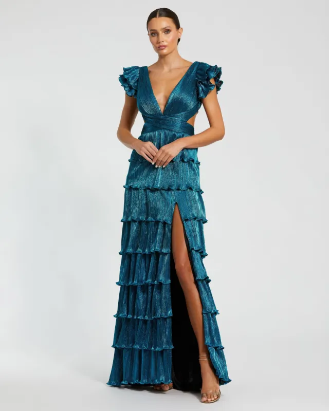 Blue Ruffle Tiered Criss Cross Lace Up Gown sold by Mac Duggal