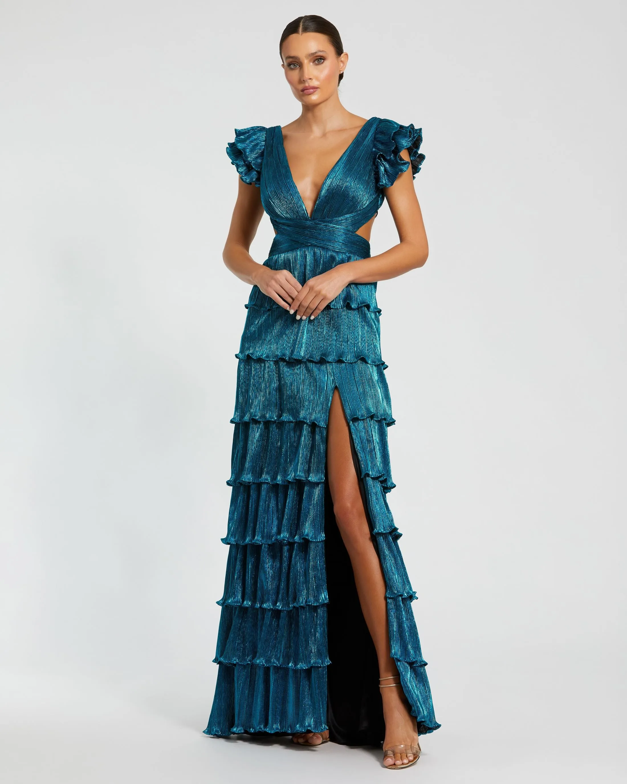 Blue Ruffle Tiered Criss Cross Lace Up Gown sold by Mac Duggal