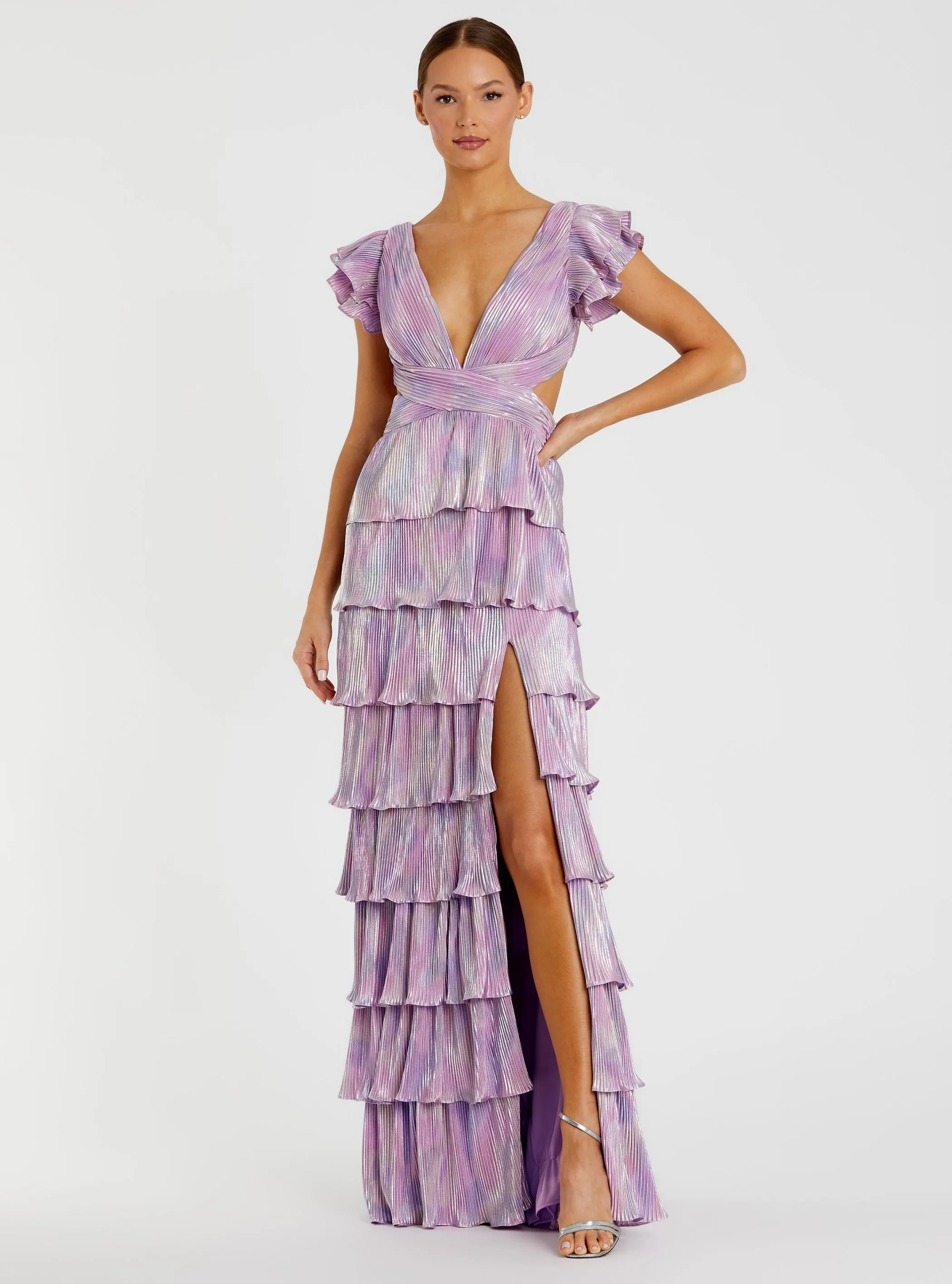 Purple Ruffle Tiered Criss Cross Lace Up Gown sold by Mac Duggal