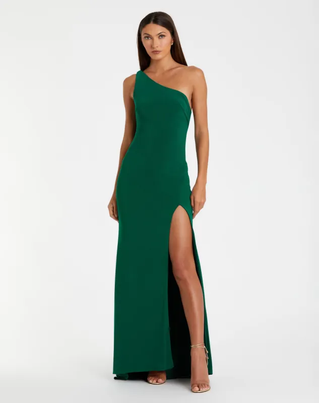 Green Jersey One Shoulder Draped Back Gown sold by Mac Duggal
