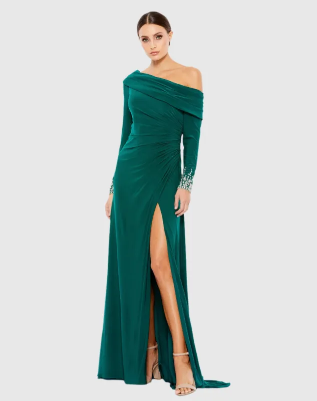Green Beaded Cuff Drop Shoulder Faux Wrap Gown sold by Mac Duggal