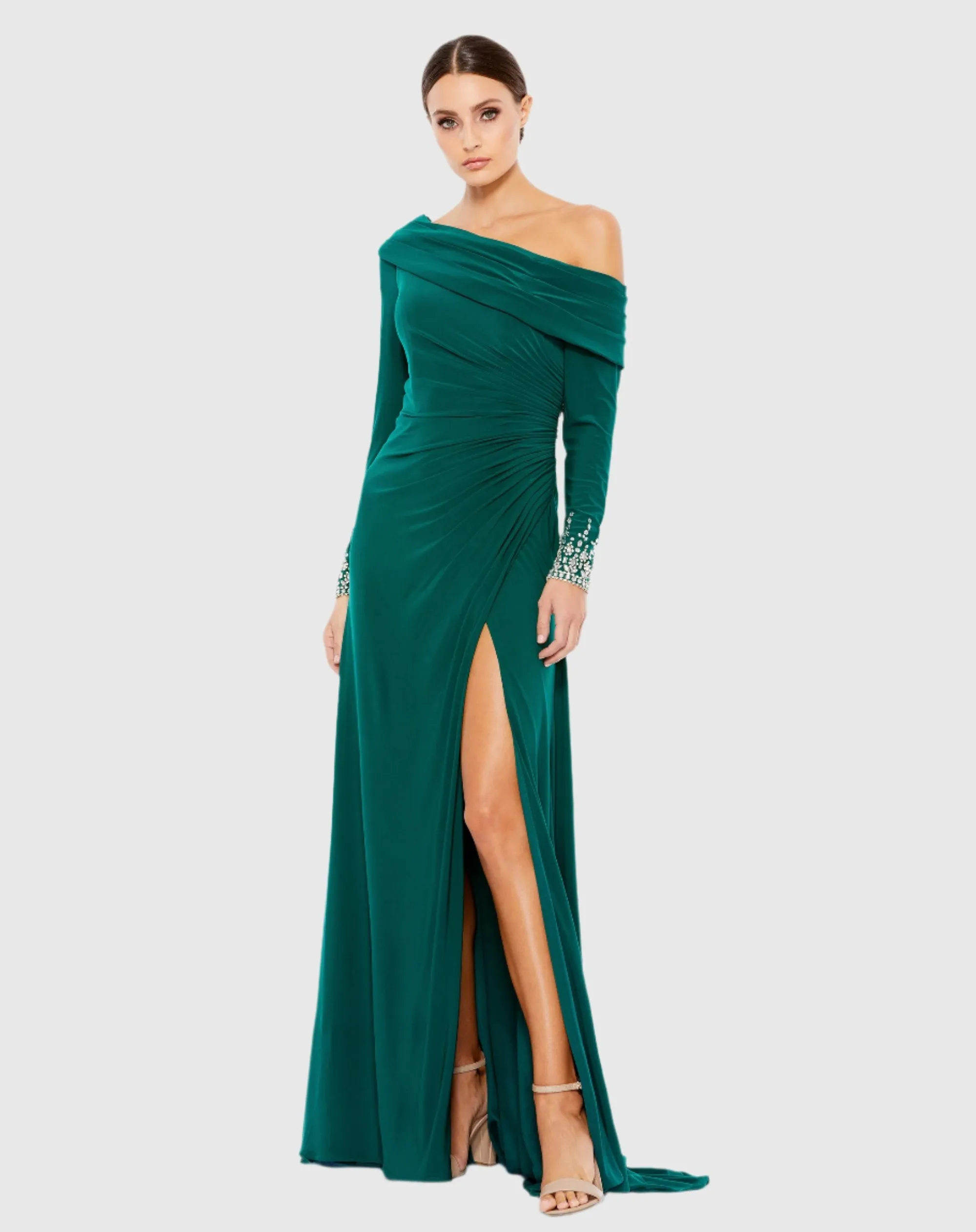 Green Beaded Cuff Drop Shoulder Faux Wrap Gown sold by Mac Duggal