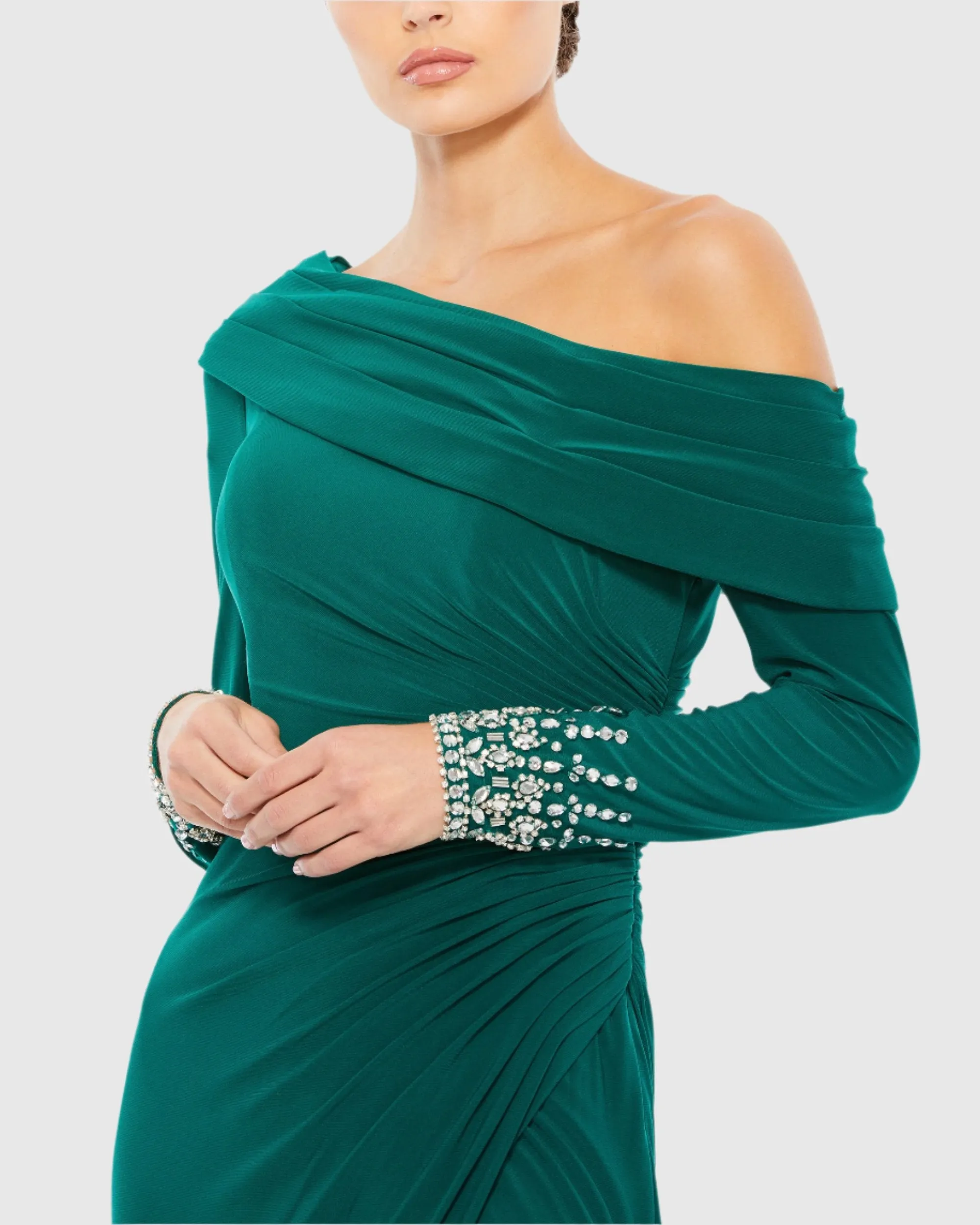 Green Beaded Cuff Drop Shoulder Faux Wrap Gown sold by Mac Duggal product image thumbnail 2