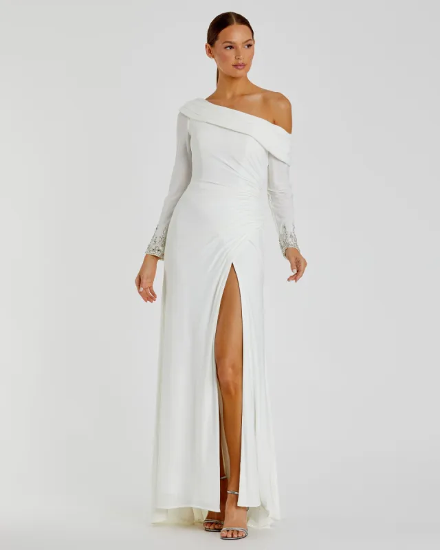 White Beaded Cuff Drop Shoulder Faux Wrap Gown sold by Mac Duggal