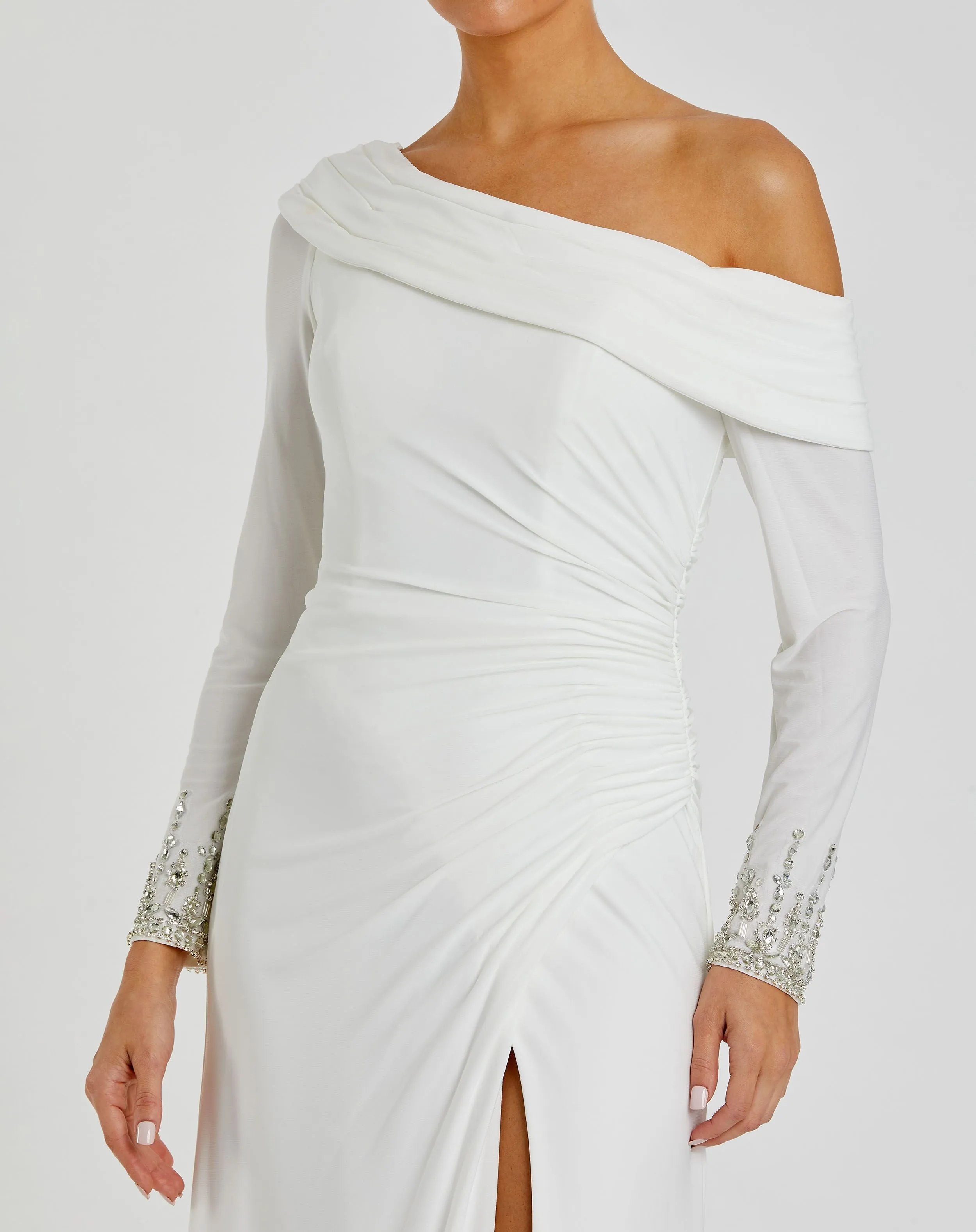 White Beaded Cuff Drop Shoulder Faux Wrap Gown - FINAL SALE sold by Mac Duggal product image thumbnail 2