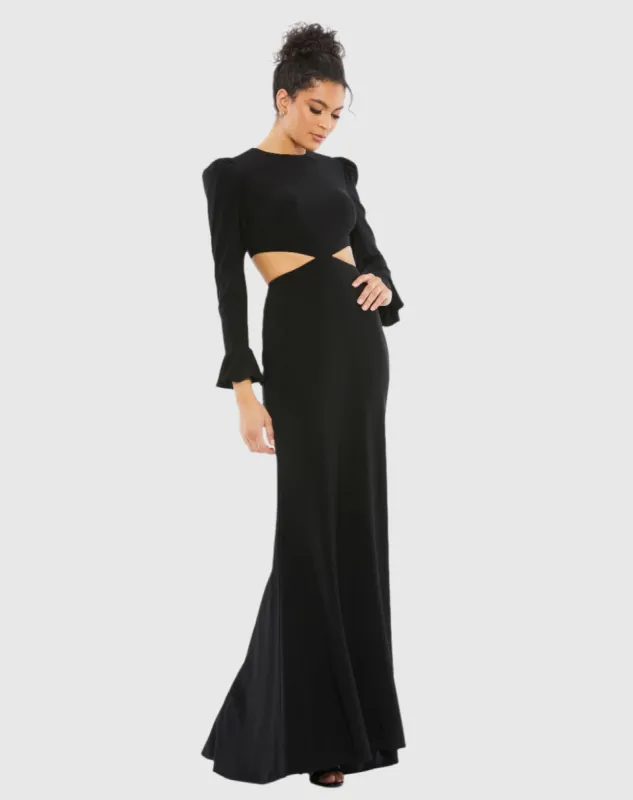 Black Long Sleeve Puff Shoulder Cut Out Gown sold by Mac Duggal