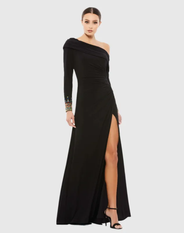 Black Multicolor Beaded Cuff Drop Shoulder Faux Wrap Gown sold by Mac Duggal