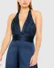 Blue Ruched Halter Top Wide Leg Satin Jumpsuit sold by Mac Duggal