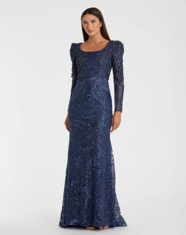 Navy Long Sleeve Embroidered Applique Trumpet Gown sold by Mac Duggal