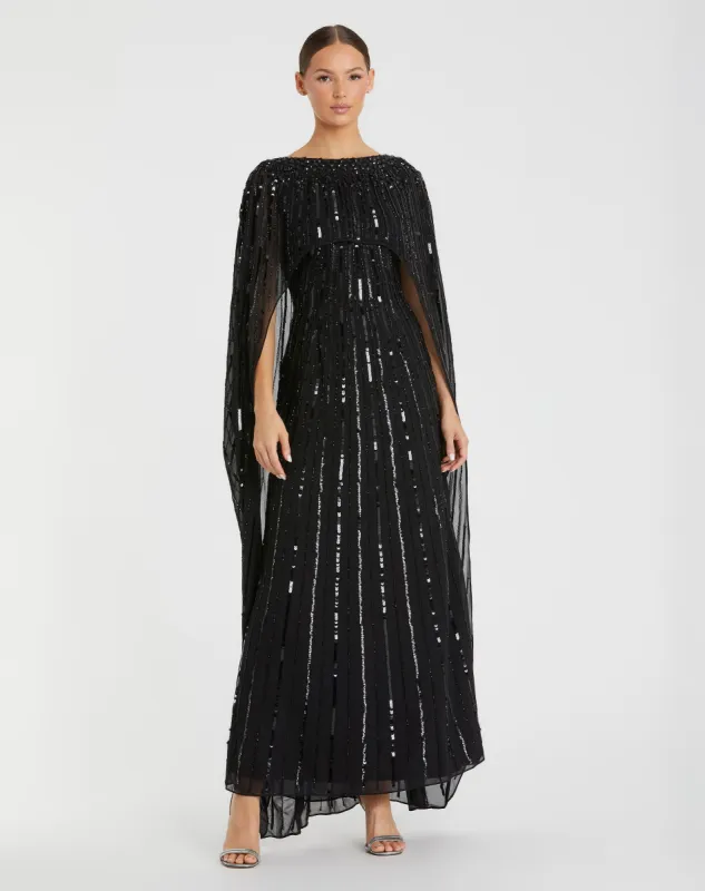 Black Embellished Beaded Column Cape Gown sold by Mac Duggal