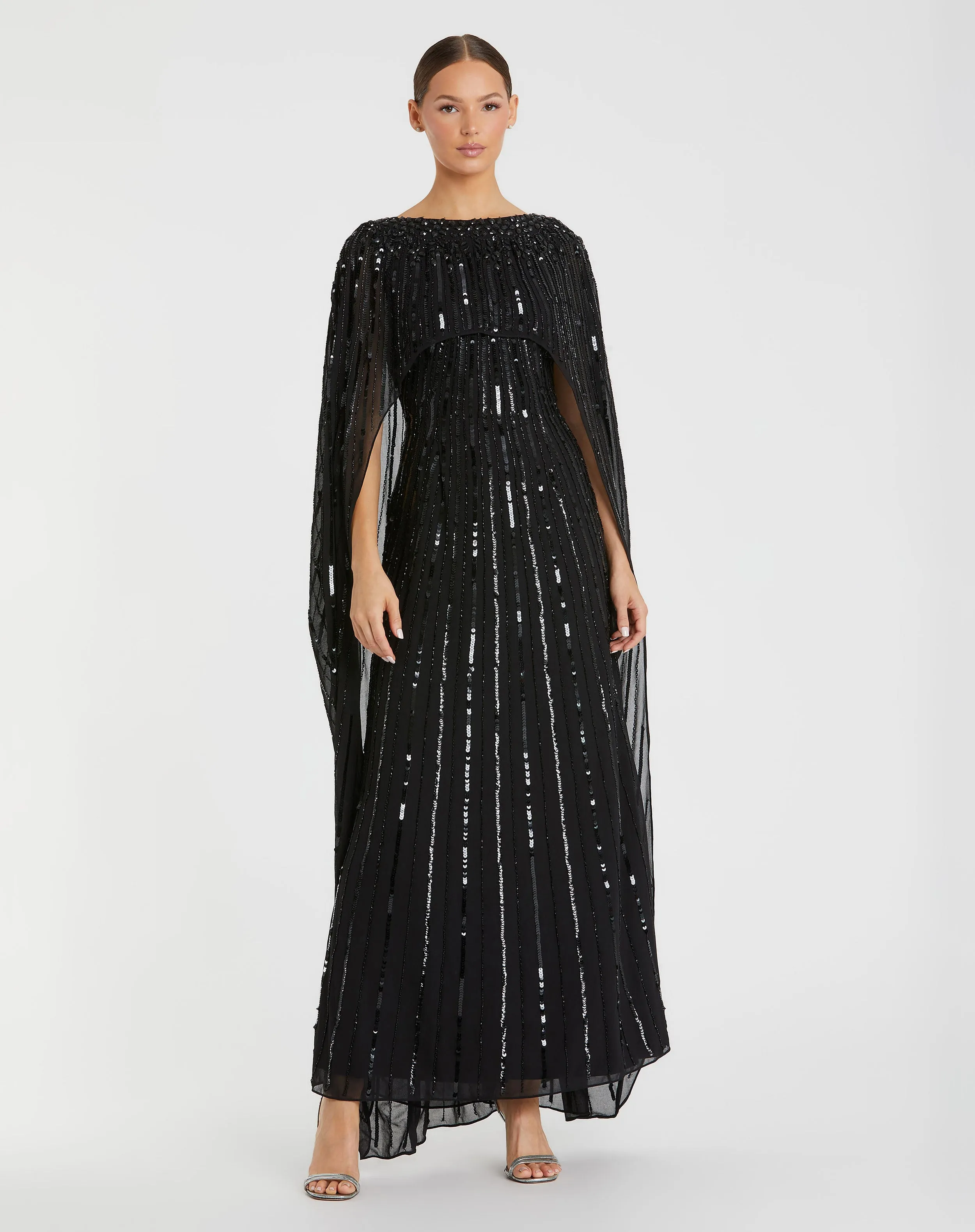 Black Embellished Beaded Column Cape Gown sold by Mac Duggal
