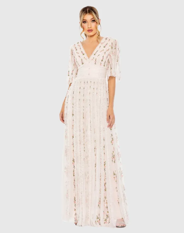 Pink Floral V-Neck Ruffle Detail Empire Waist Gown sold by Mac Duggal