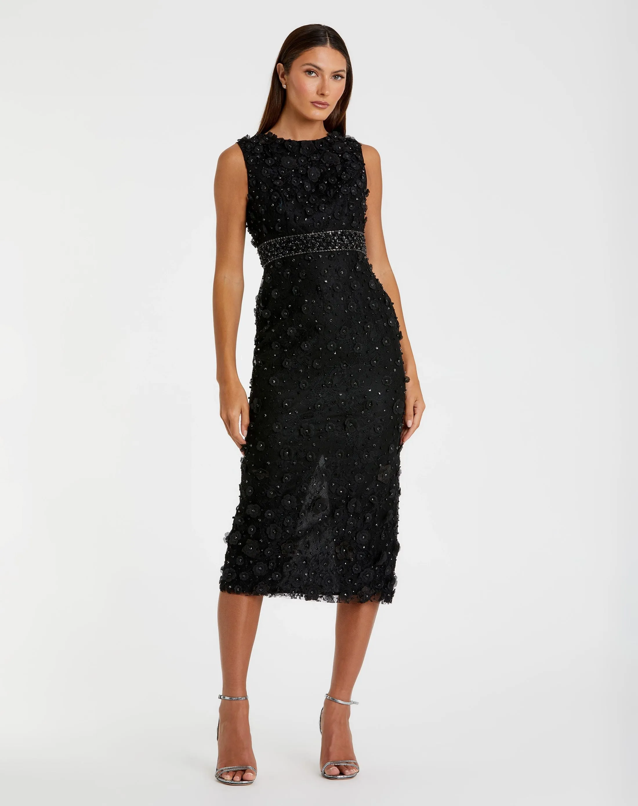 Black Floral Applique Sleeveless Midi Dress sold by Mac Duggal