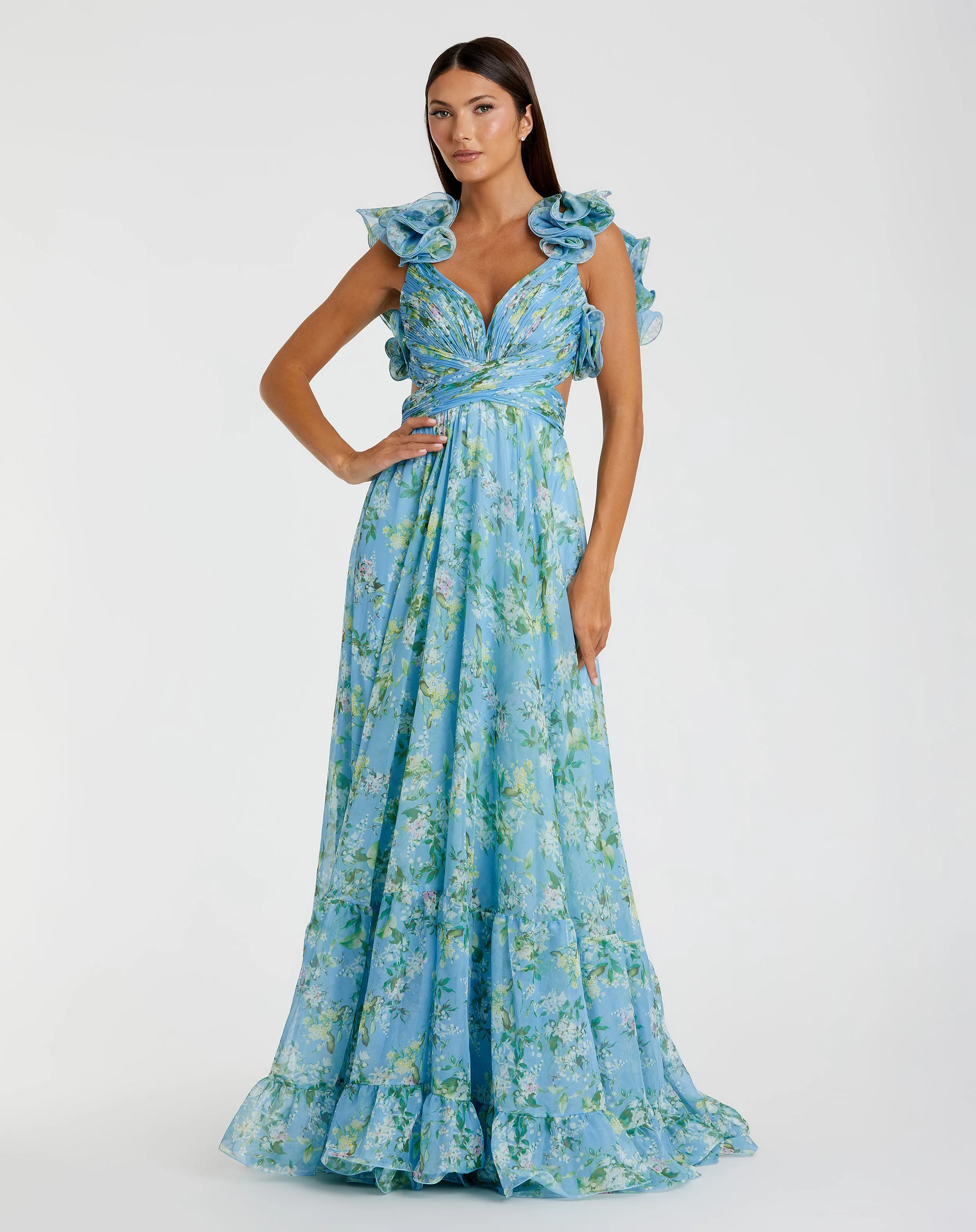 Blue Ruffle Tiered Floral Cut-Out Chiffon Gown sold by Mac Duggal