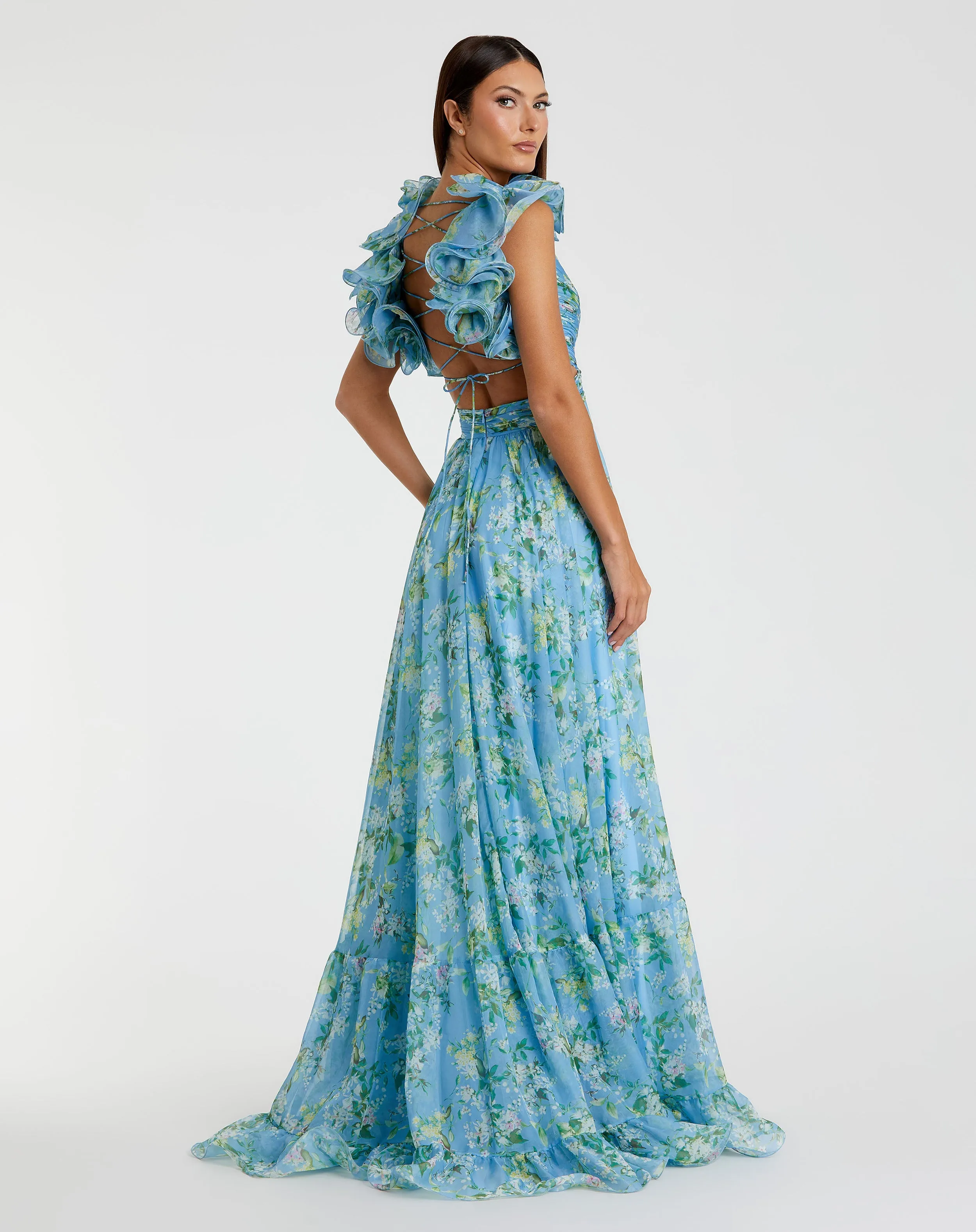 Blue Ruffle Tiered Floral Cut-Out Chiffon Gown sold by Mac Duggal product image thumbnail 3