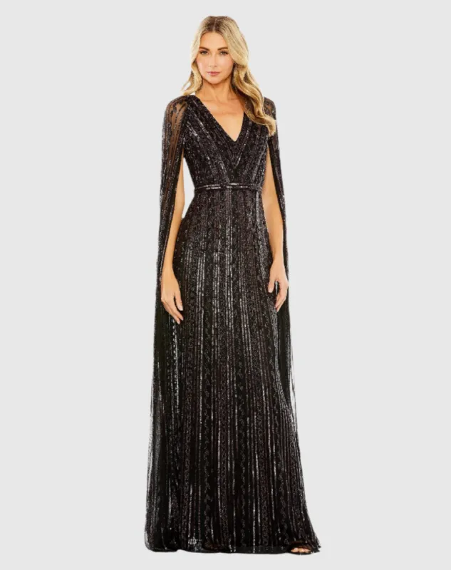 Black Sequined V-Neck Gown with Cape Sleeves sold by Mac Duggal