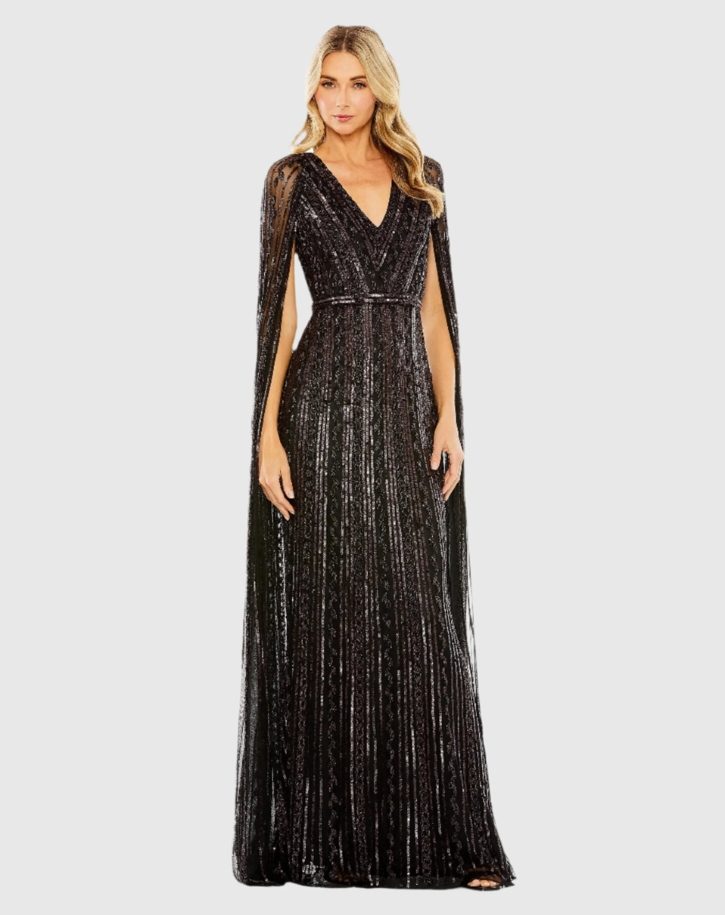 Black Sequined V-Neck Gown with Cape Sleeves sold by Mac Duggal