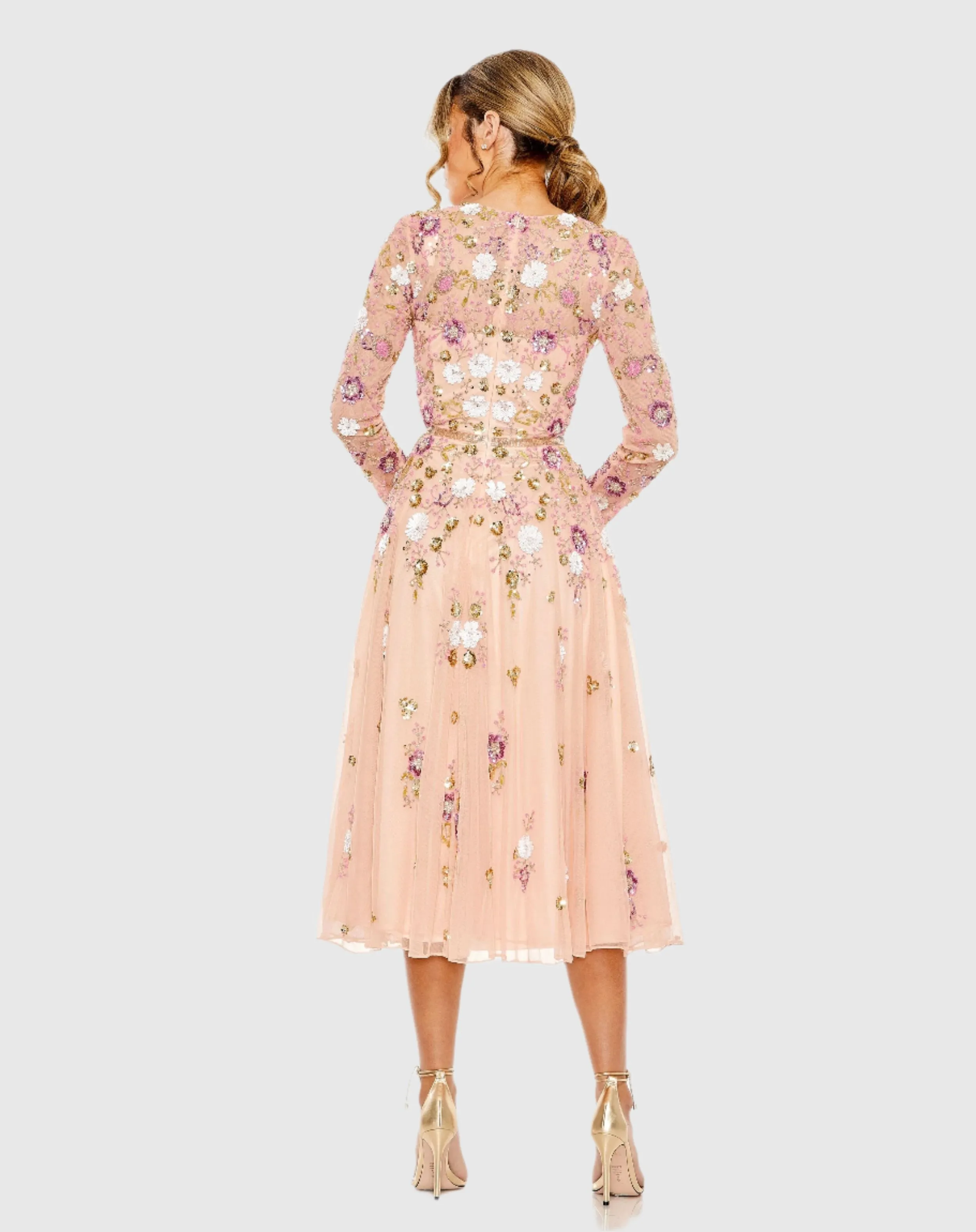 Pink Sequined Floral Long Sleeve High Neck Midi Dress sold by Mac Duggal product image thumbnail 3
