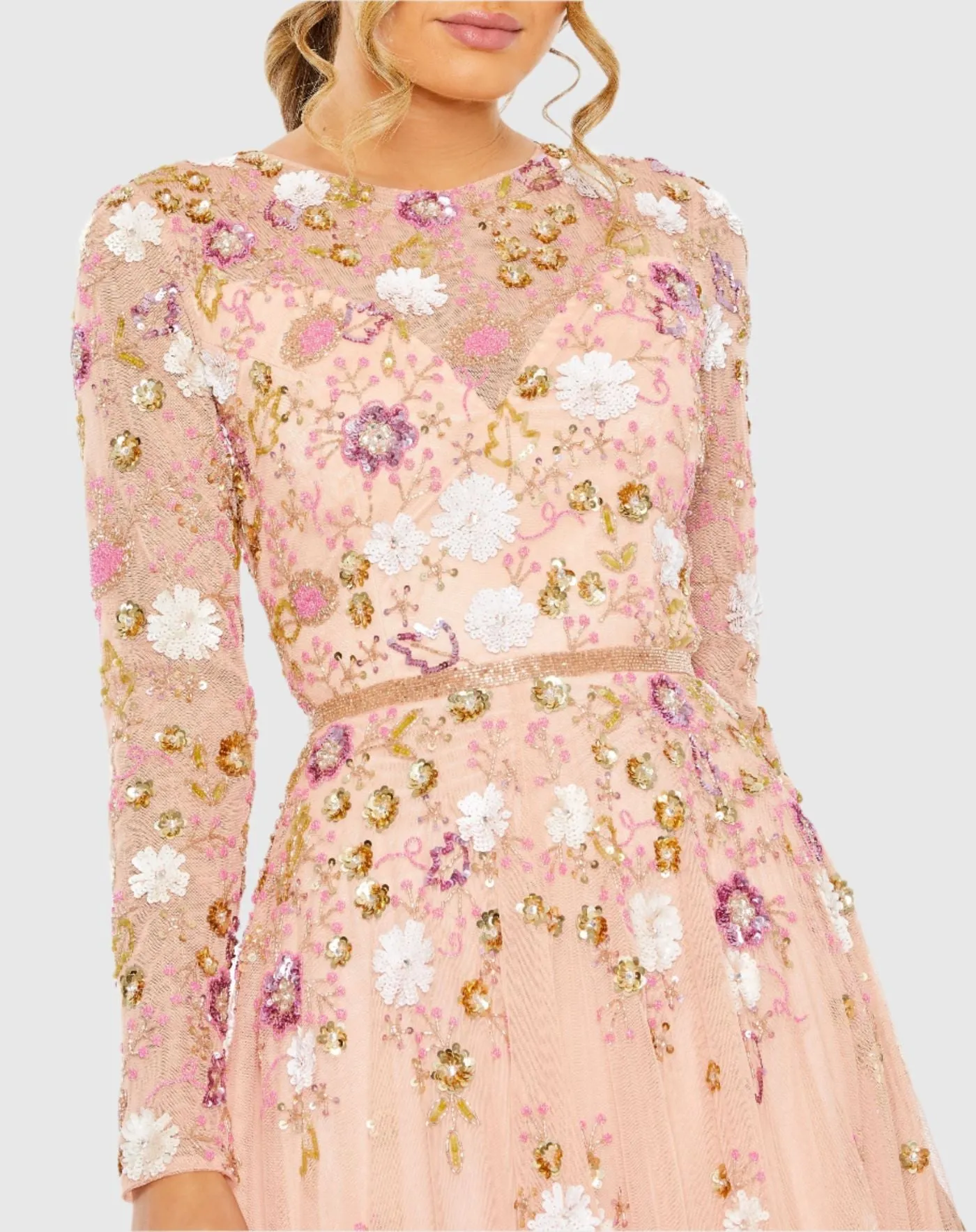 Pink Sequined Floral Long Sleeve High Neck Midi Dress sold by Mac Duggal product image thumbnail 2