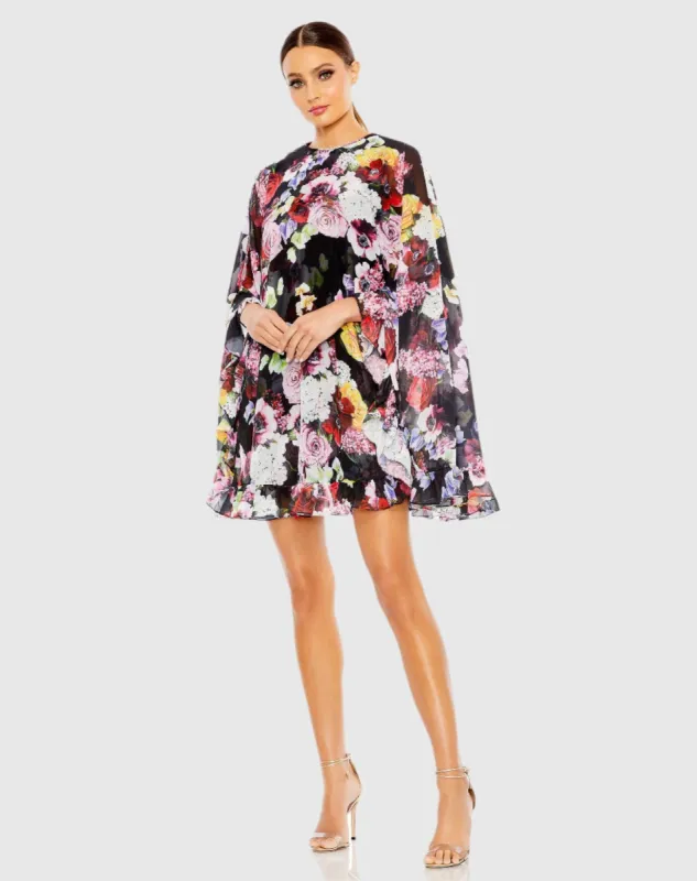 Black Multicolor Floral Print High Neck Ruffle Hem Cape Mini Dress sold by Mac Duggal