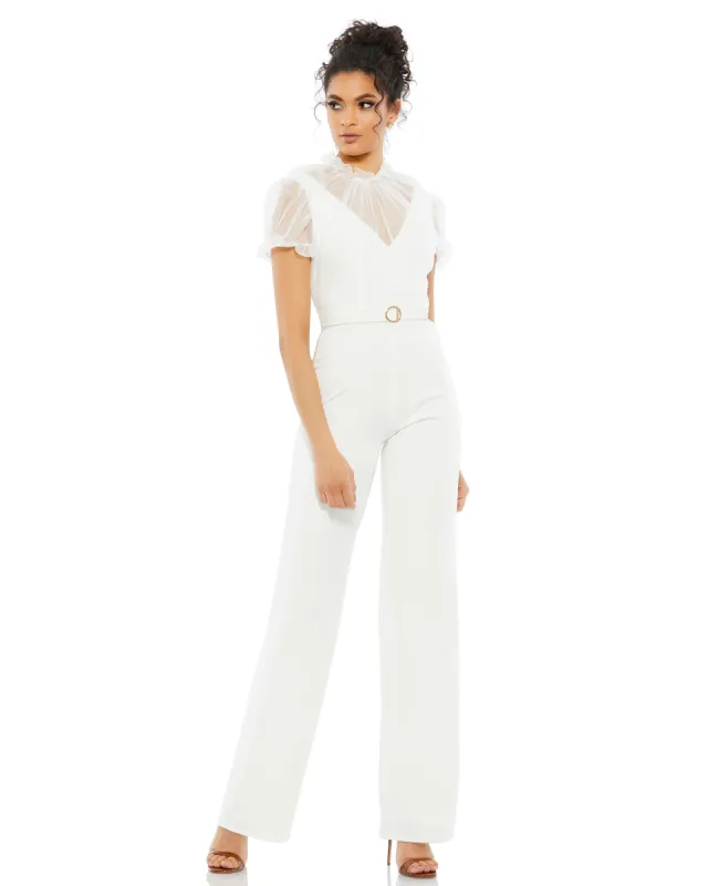White Belted Illusion High Neck Cap Sleeve Jumpsuit sold by Mac Duggal