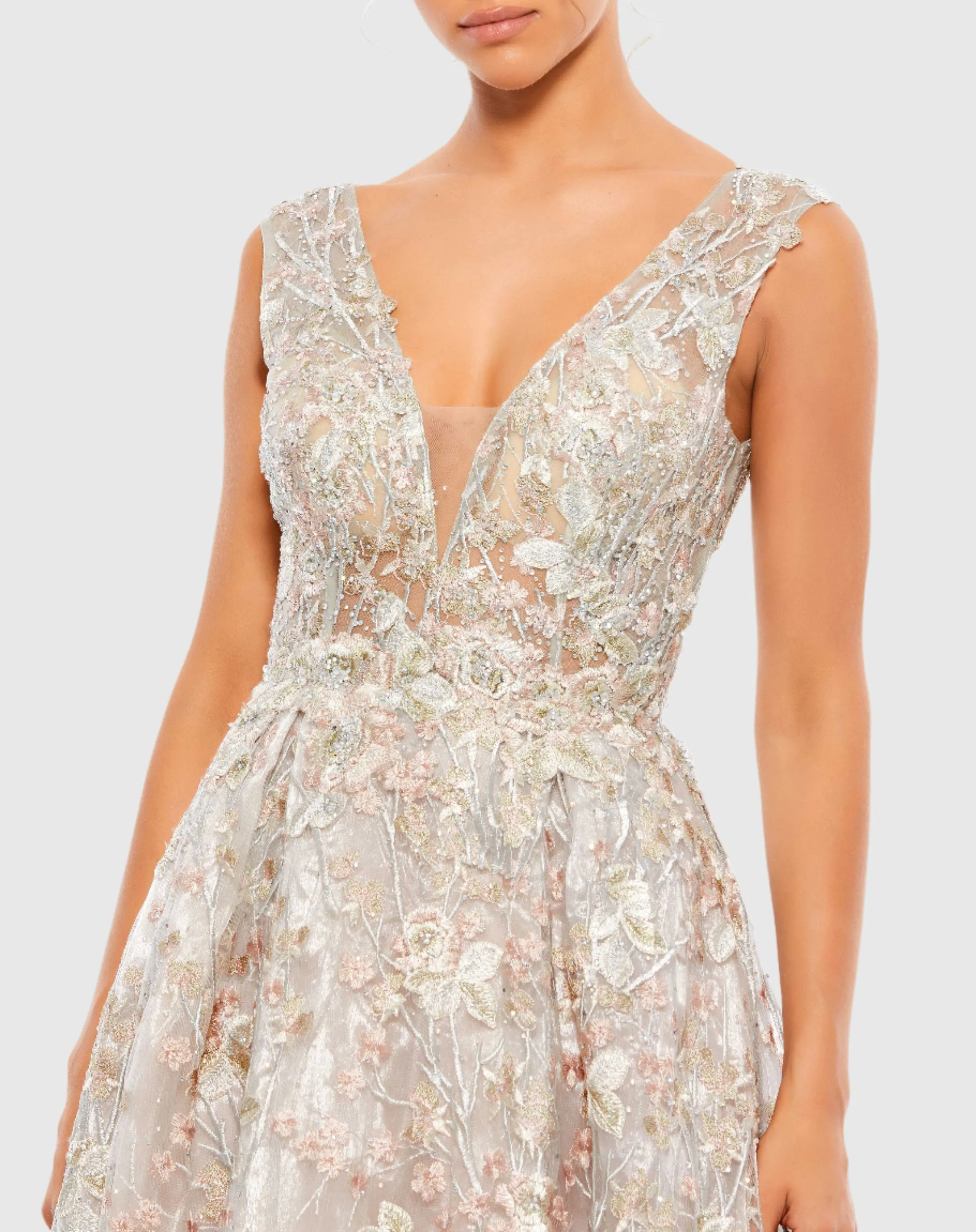 Silver Floral Embroidered Illusion V-Neck Gown sold by Mac Duggal product image thumbnail 2