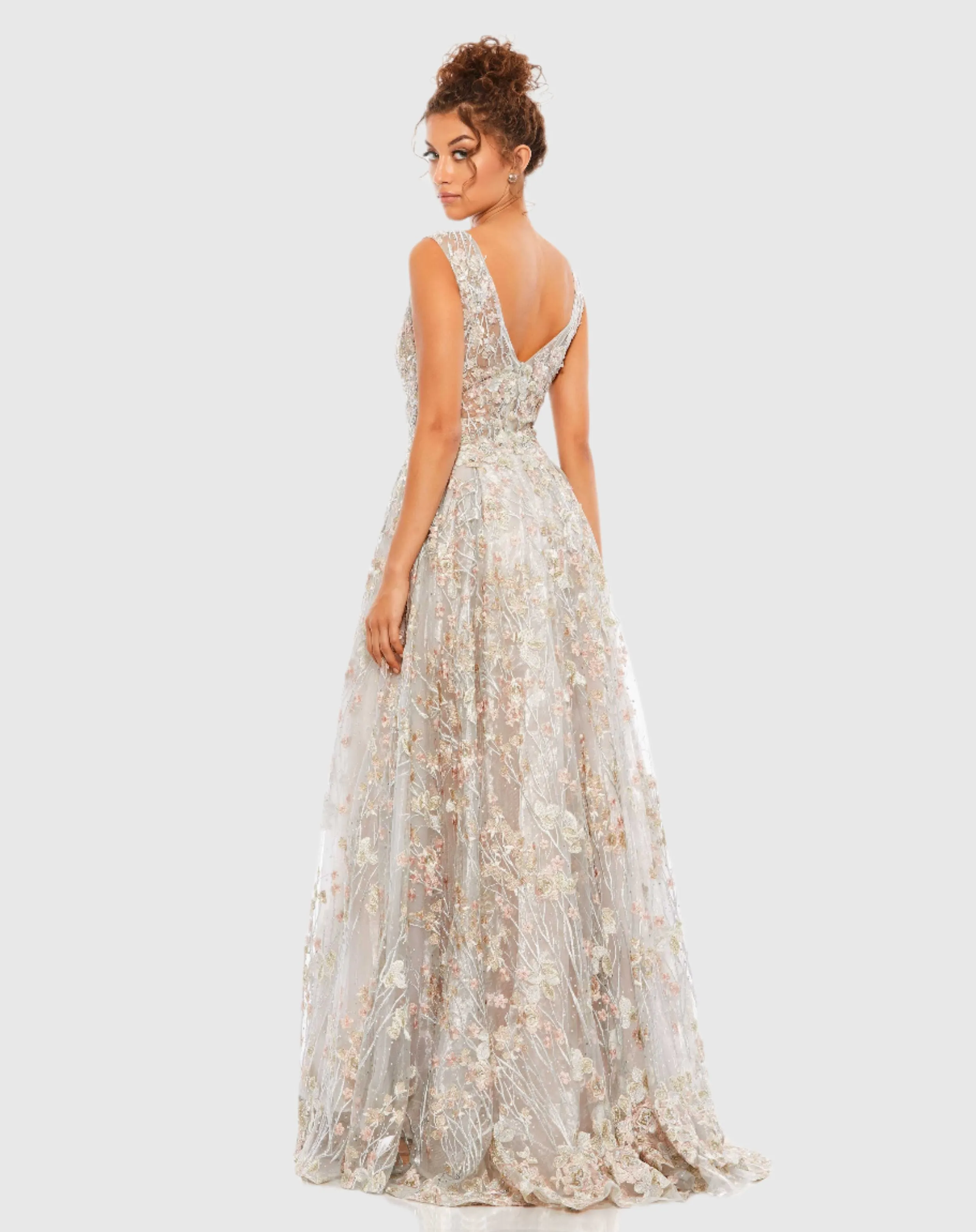 Silver Floral Embroidered Illusion V-Neck Gown sold by Mac Duggal product image thumbnail 3
