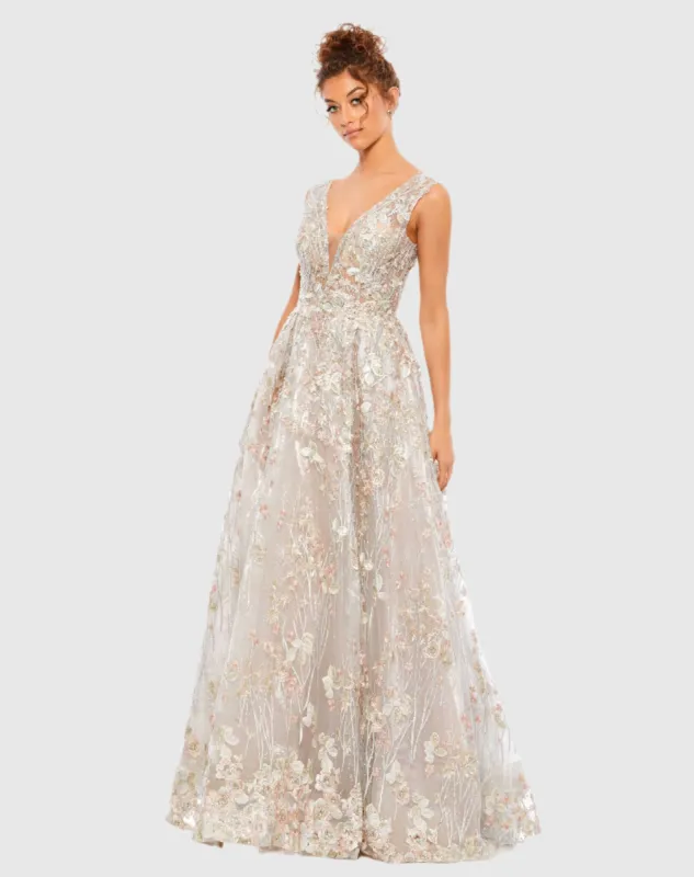 Silver Floral Embroidered Illusion V-Neck Gown sold by Mac Duggal
