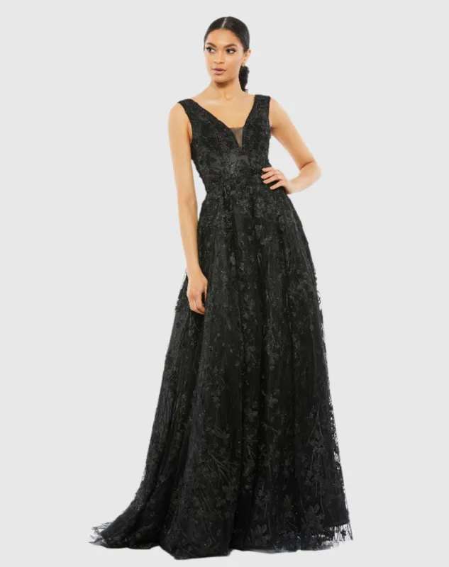 Black Floral Embroidered Illusion V-Neck Gown sold by Mac Duggal