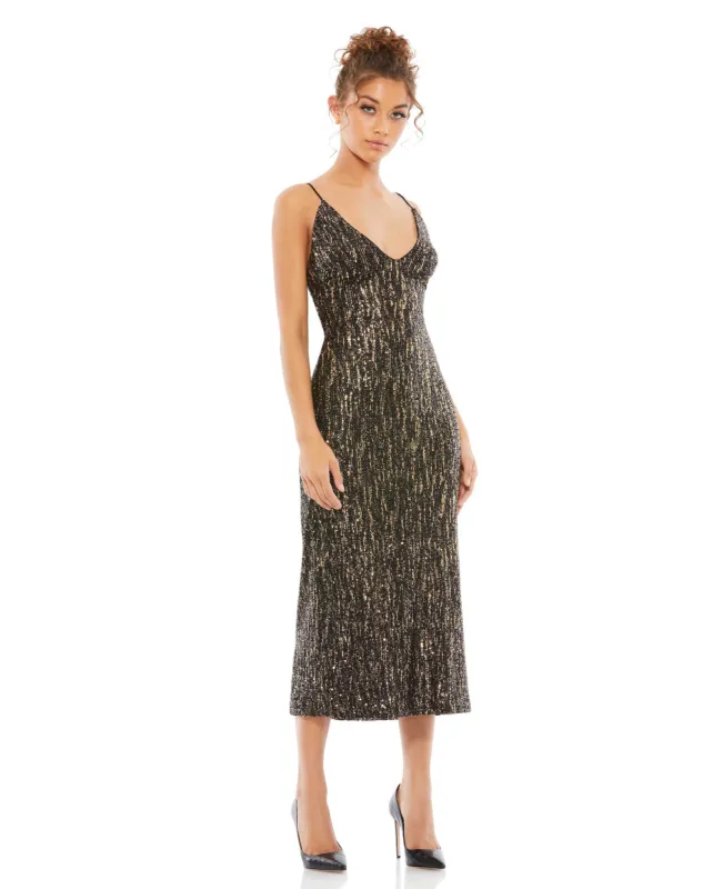Sequined Metallic V-Neck Midi Dress sold by Mac Duggal