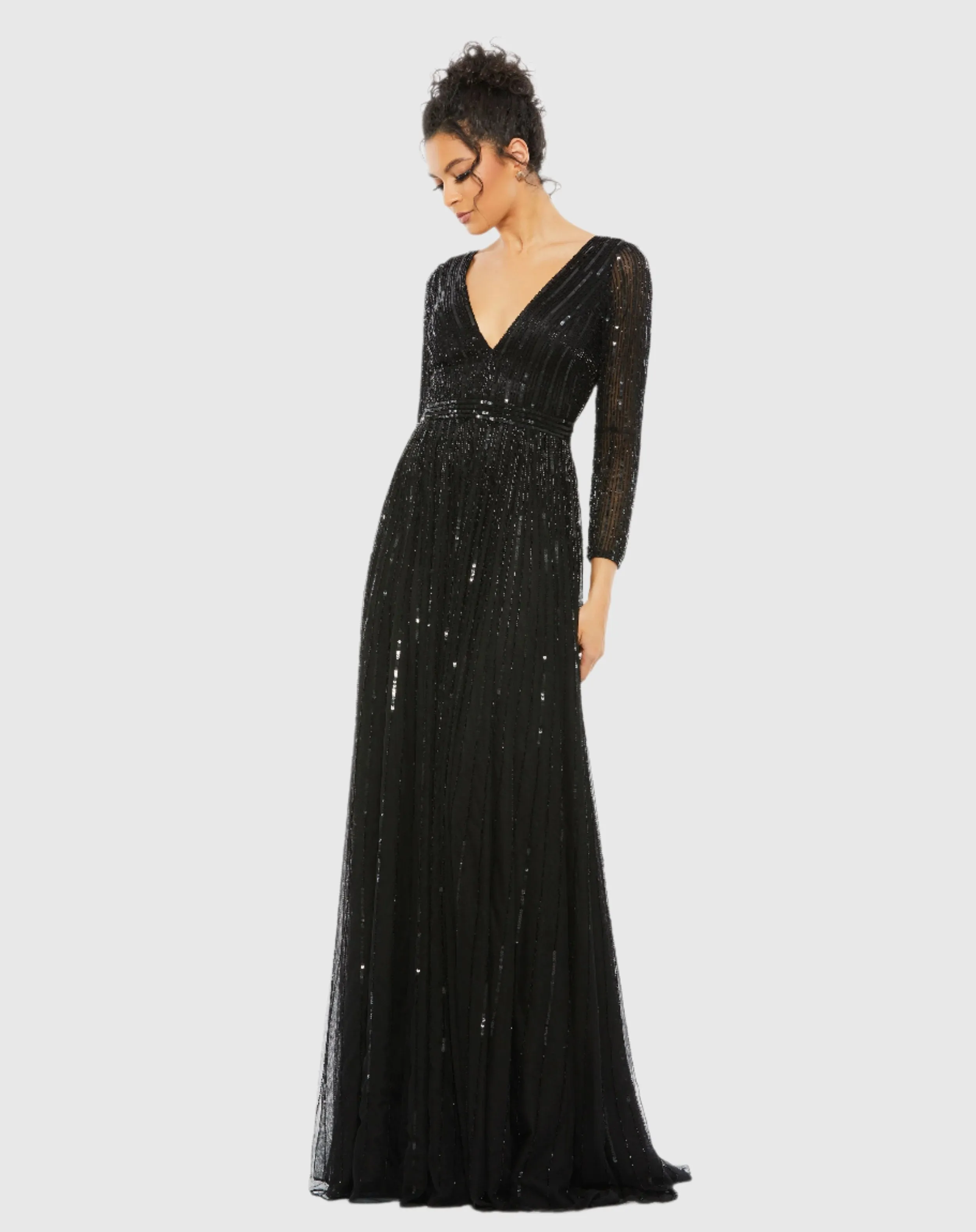 Black Sequined V Neck Illusion Sleeve A Line Gown sold by Mac Duggal