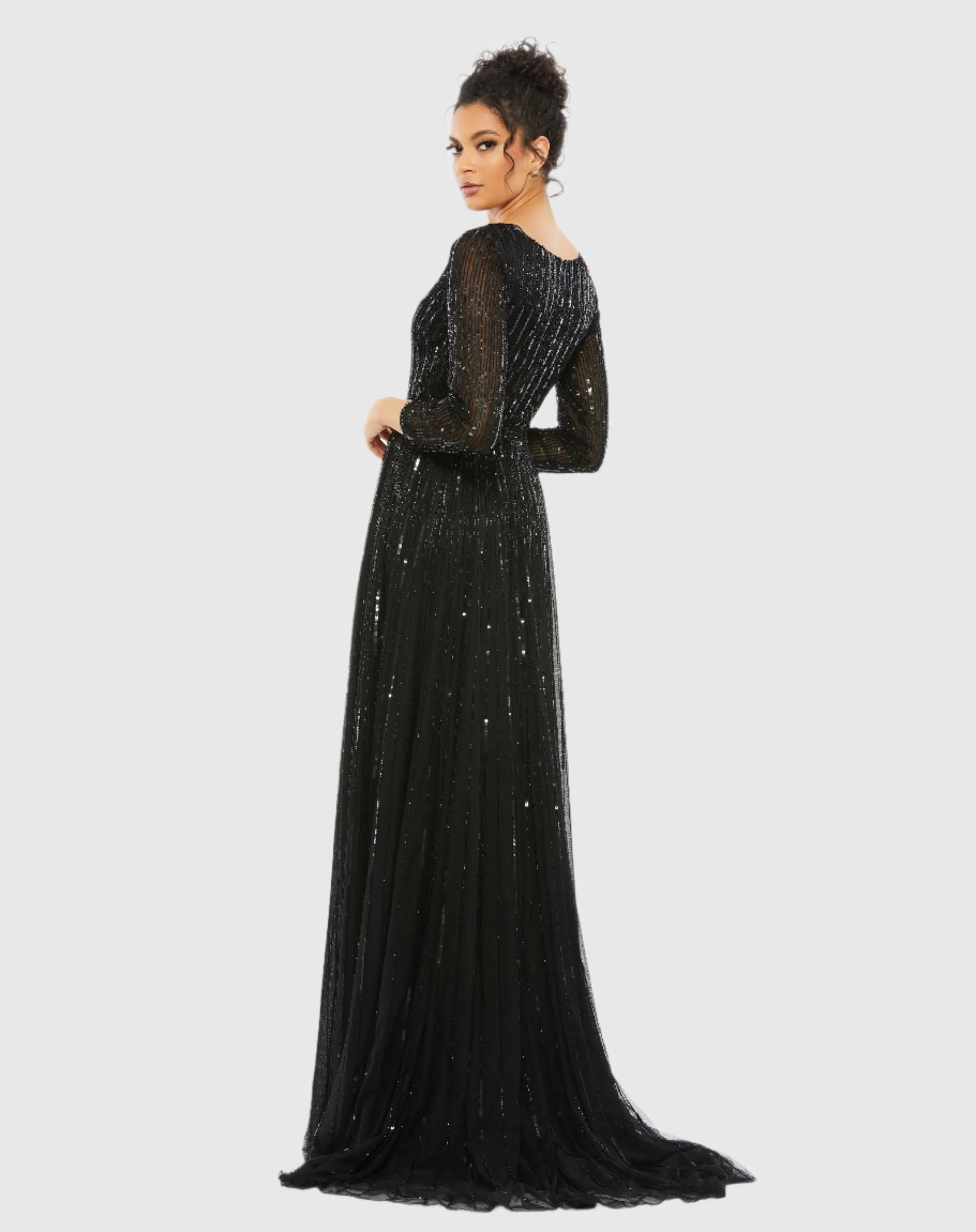 Black Sequined V Neck Illusion Sleeve A Line Gown sold by Mac Duggal product image thumbnail 3