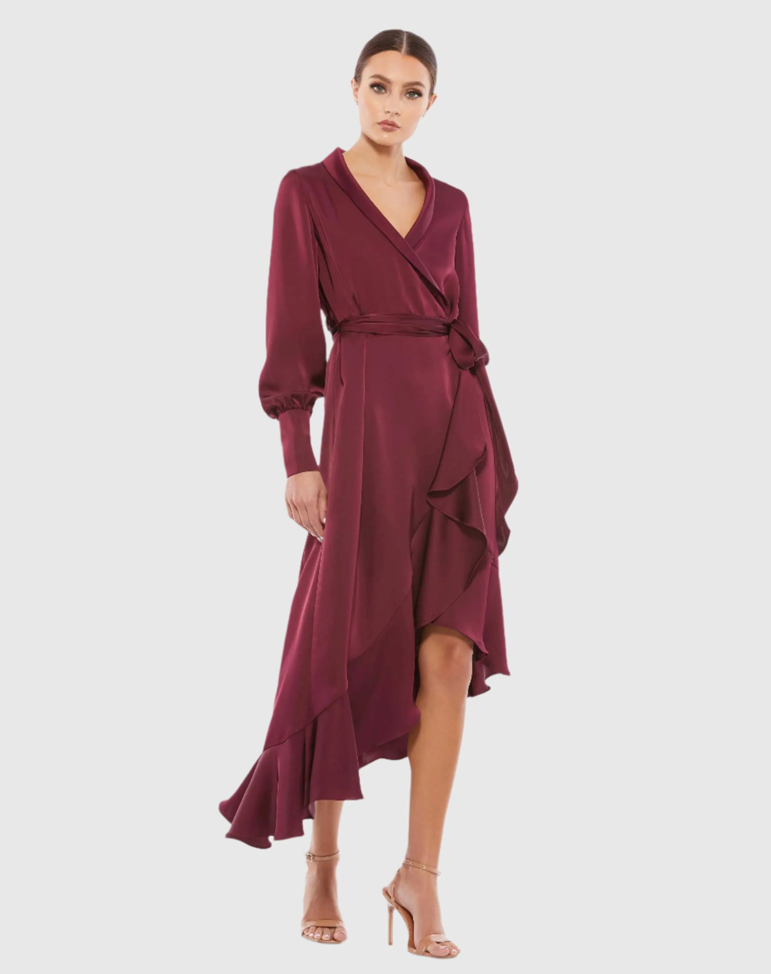 Long Sleeve Faux Wrap Midi Dress sold by Mac Duggal