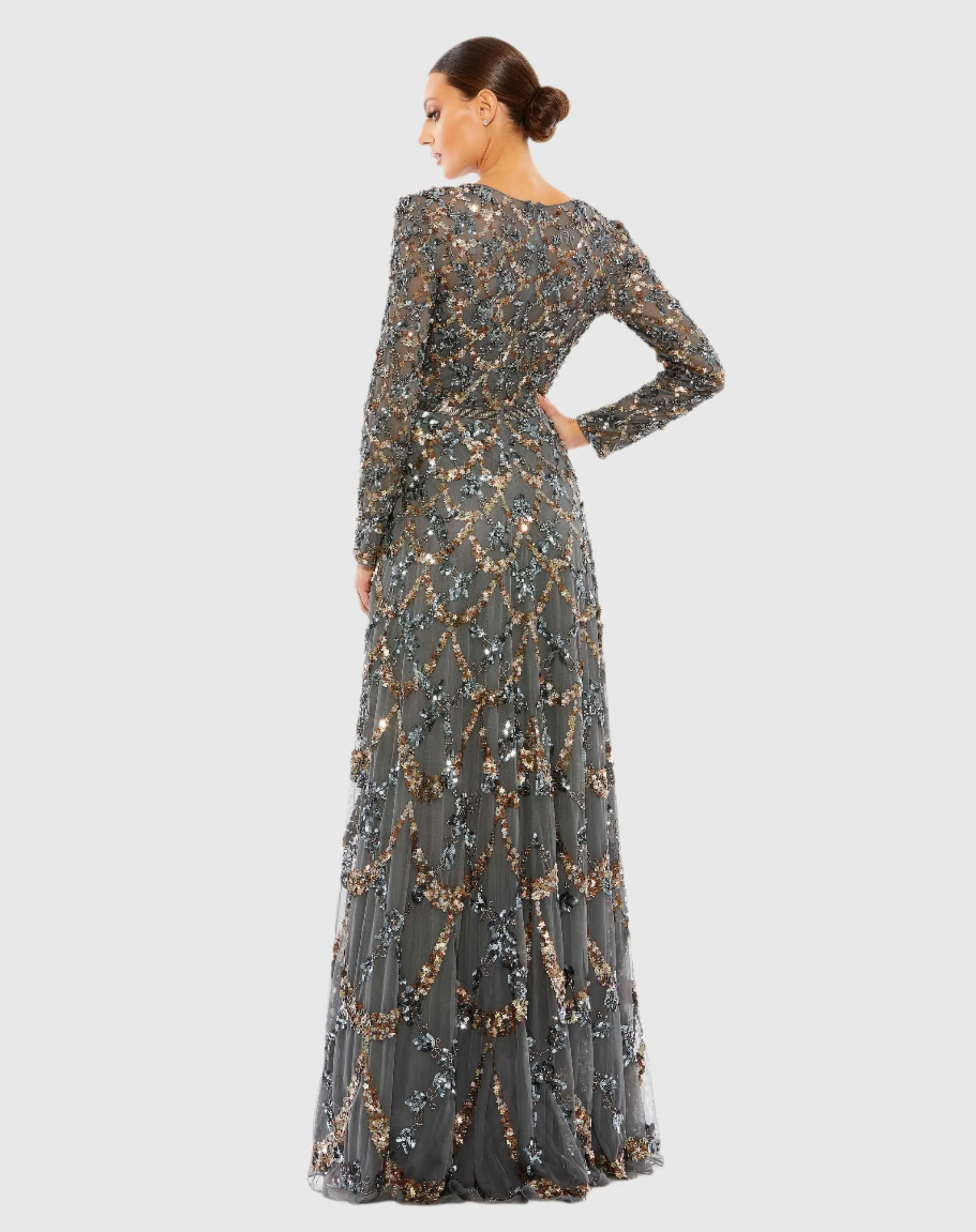 Gray Embellished Illusion High Neck Long Sleeve A Line Gown sold by Mac Duggal product image thumbnail 3