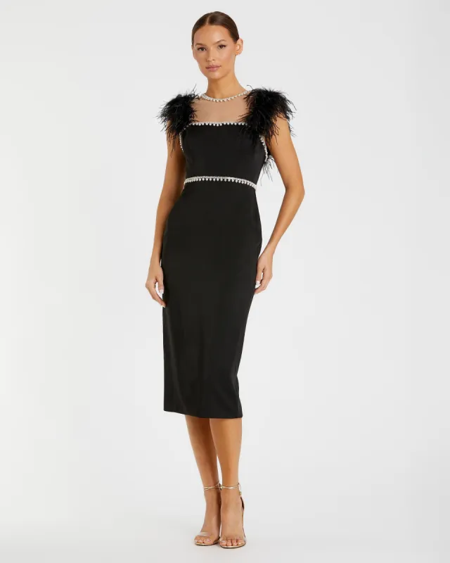 Black Feather Cap Sleeve Pearl Embellished Tea-length Dress sold by Mac Duggal