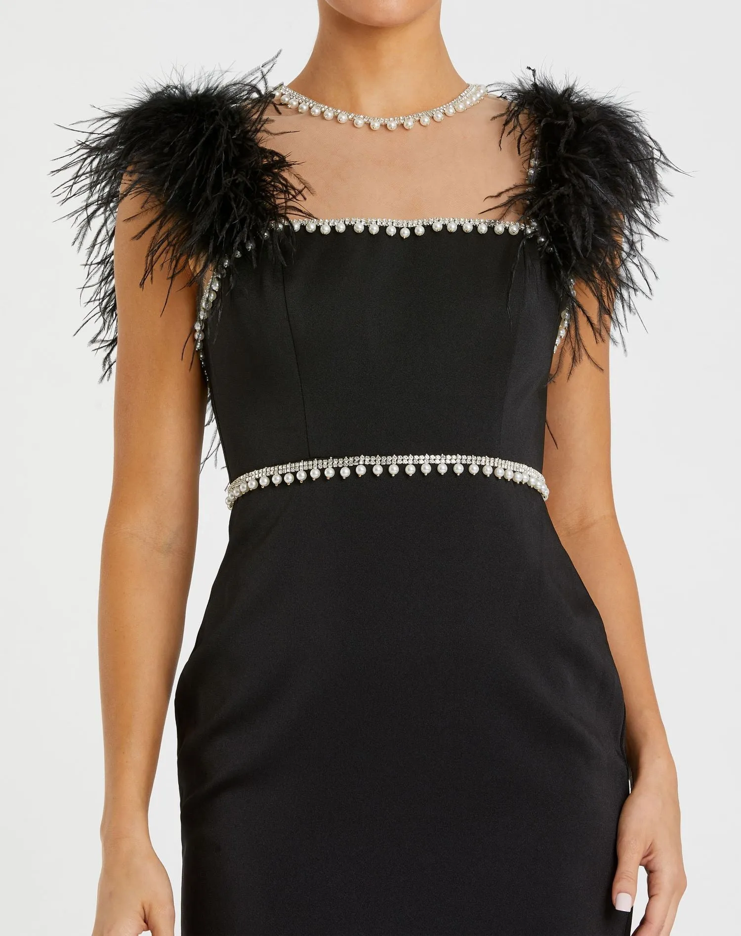 Black Feather Cap Sleeve Pearl Embellished Tea-length Dress sold by Mac Duggal product image thumbnail 2