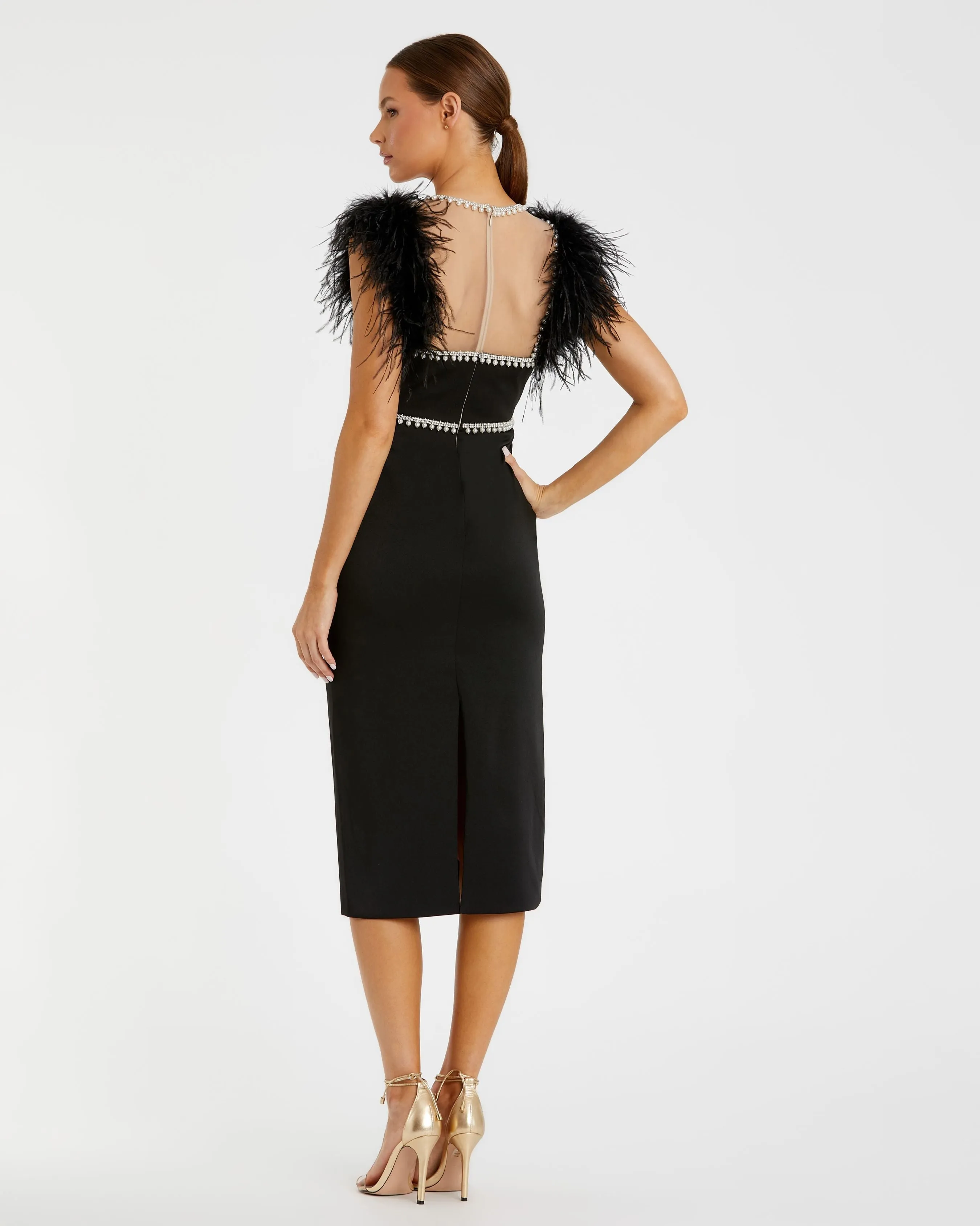 Black Feather Cap Sleeve Pearl Embellished Tea-length Dress sold by Mac Duggal product image thumbnail 3